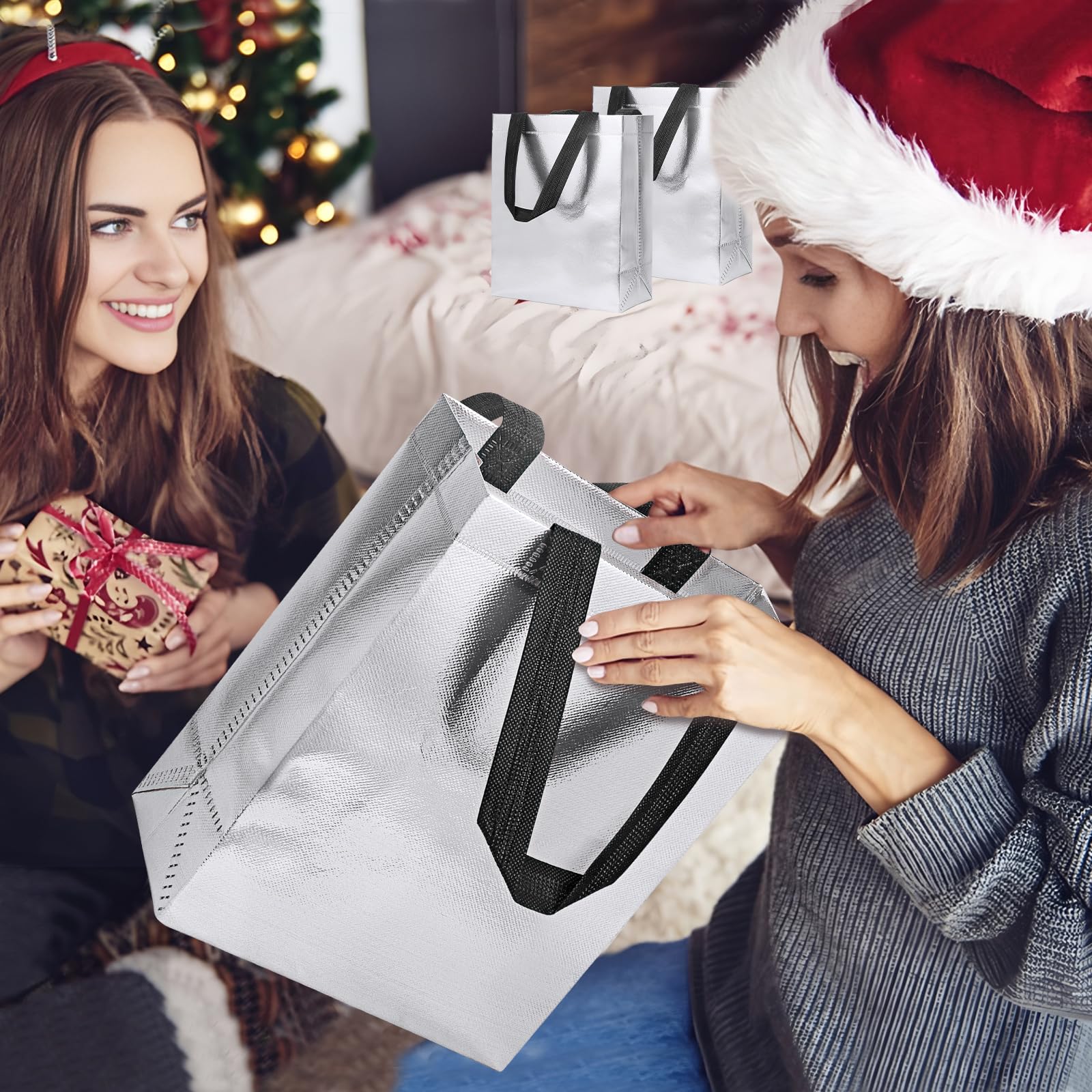 【18-Pack Silver】 Reusable Gift Bags with Handles, Bulk Goodie Bags for Valentines Day, Baby Shower, Birthday, Party Favors, Wedding, Holiday Goodie | 8x4x10 Inches | 18 Premium Silver Bag | Eco-Friendly
