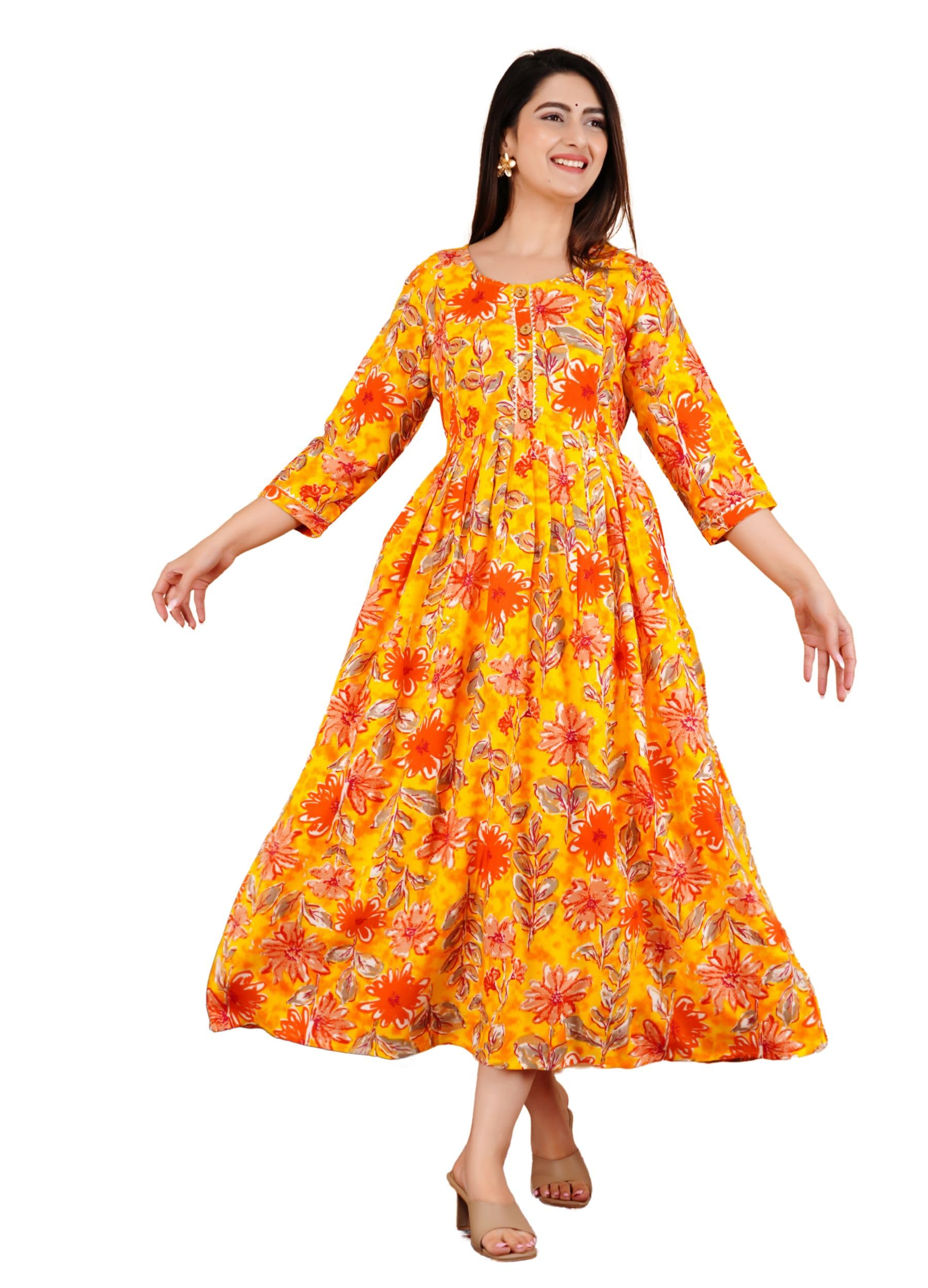 Women's Cotton Fabric 3/4 Sleeves Round Neck Flower Printed Anarkali Maternity Kurti with Double Side Zipper-picture-13