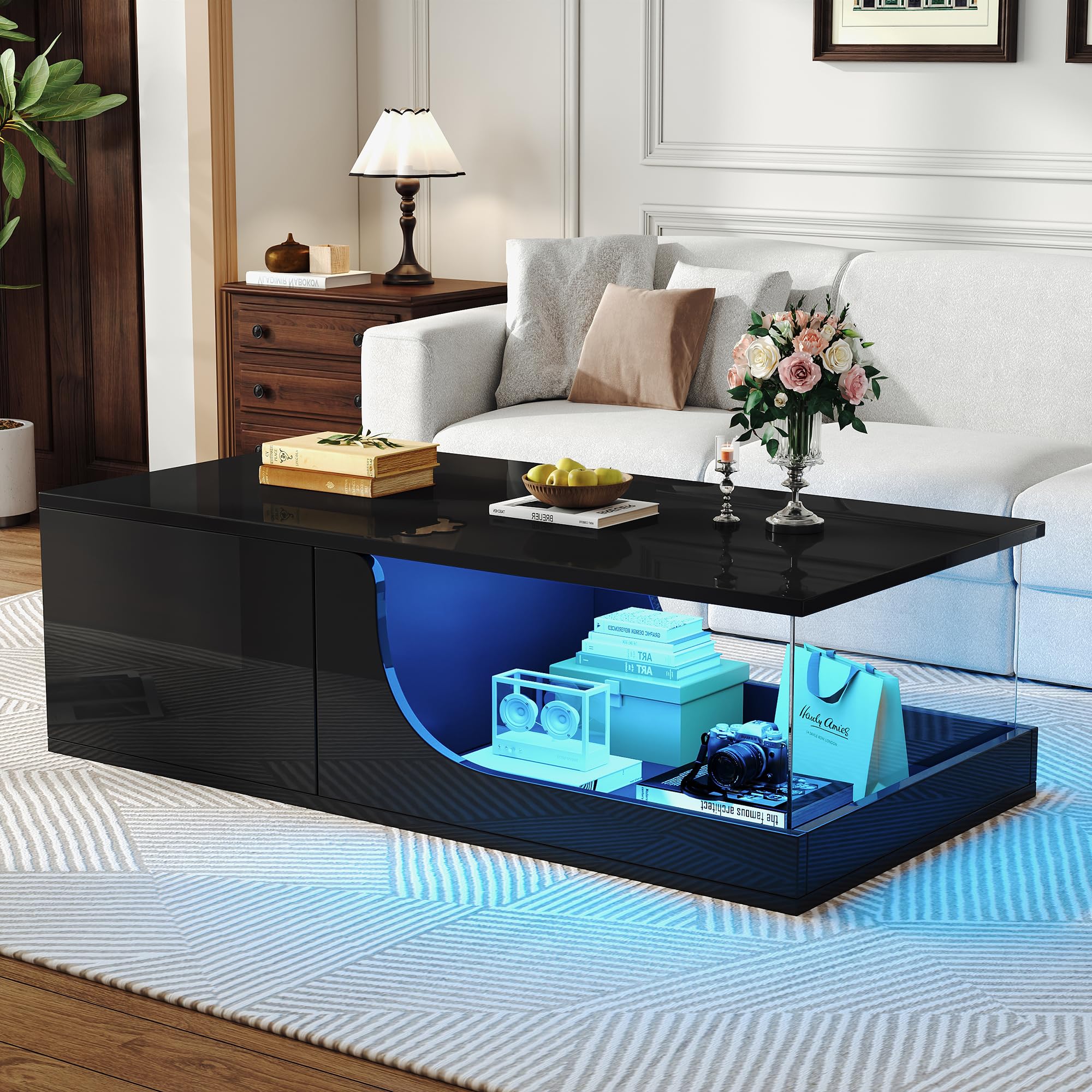 Merax Table Basse LED avec 2 tiroirs, Table de Salon Haute Brillance avec Plateau en Verre trempé, Table de café Moderne avec éclairage RGB contrôlé par Application, Couleur Noire,100×50x30 cm