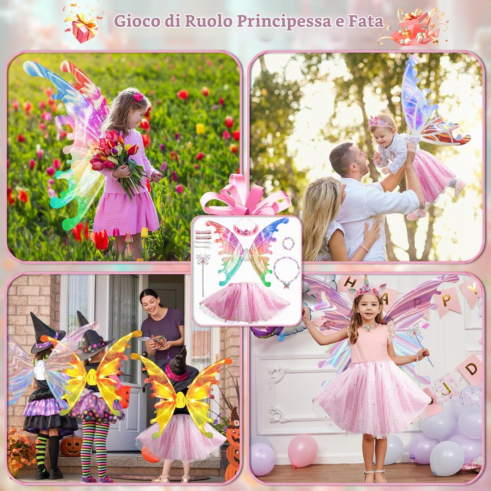 Costume da principessa con ali di fata elettrica per ragazze,ali di farfalla in movimento con luci LED&musica, costume da principessa con corona/bacchetta/braccialetti e collane/giocattolo per bambini