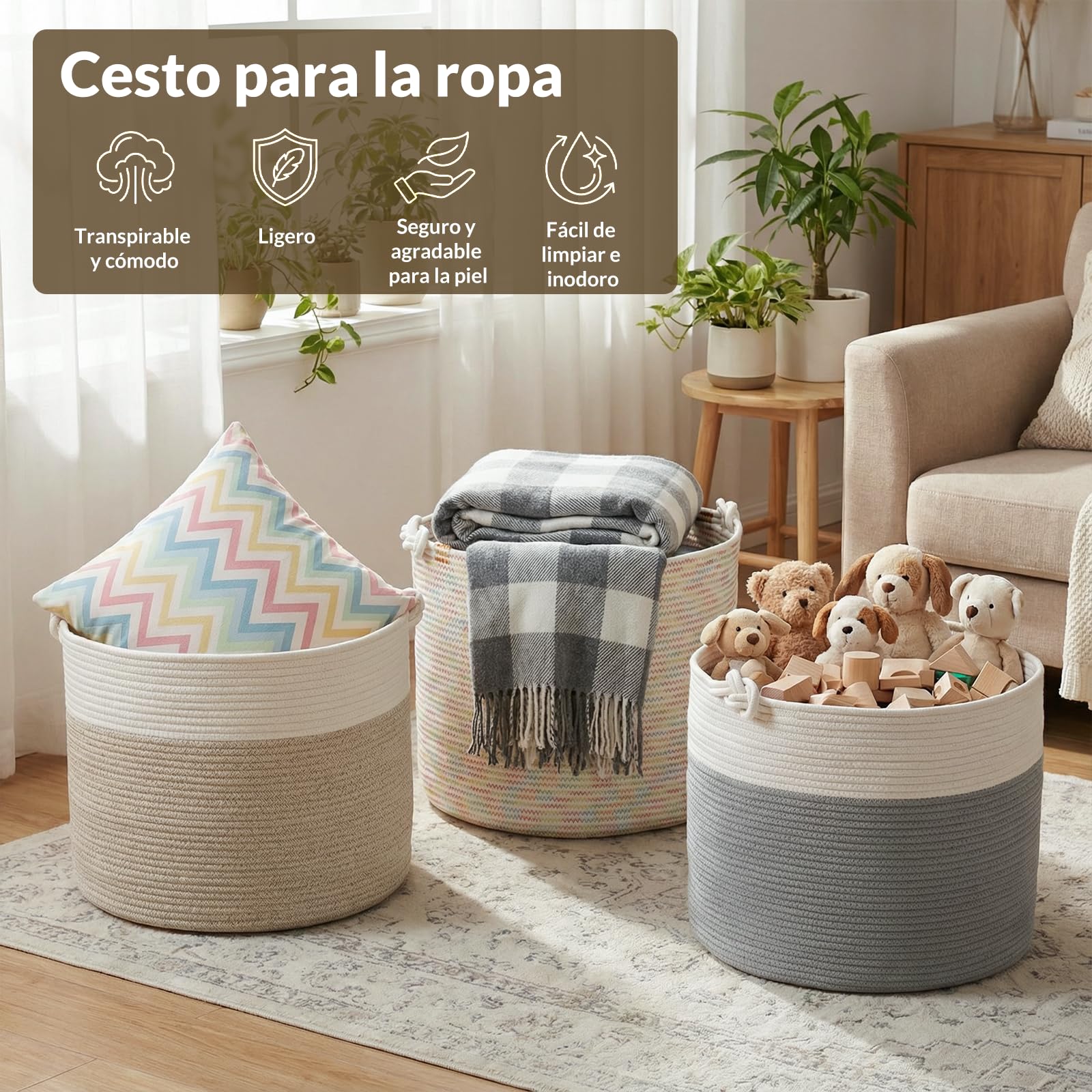 COSYLAND Cesto de Ropa Sucia de Cuerda de Algodón D50 x H35 cm – Cesta para la Ropa Sucia con Asas – Cesto Plegable para Mantas, Juguetes y Lavandería – Blanco Crema y Gris Claro