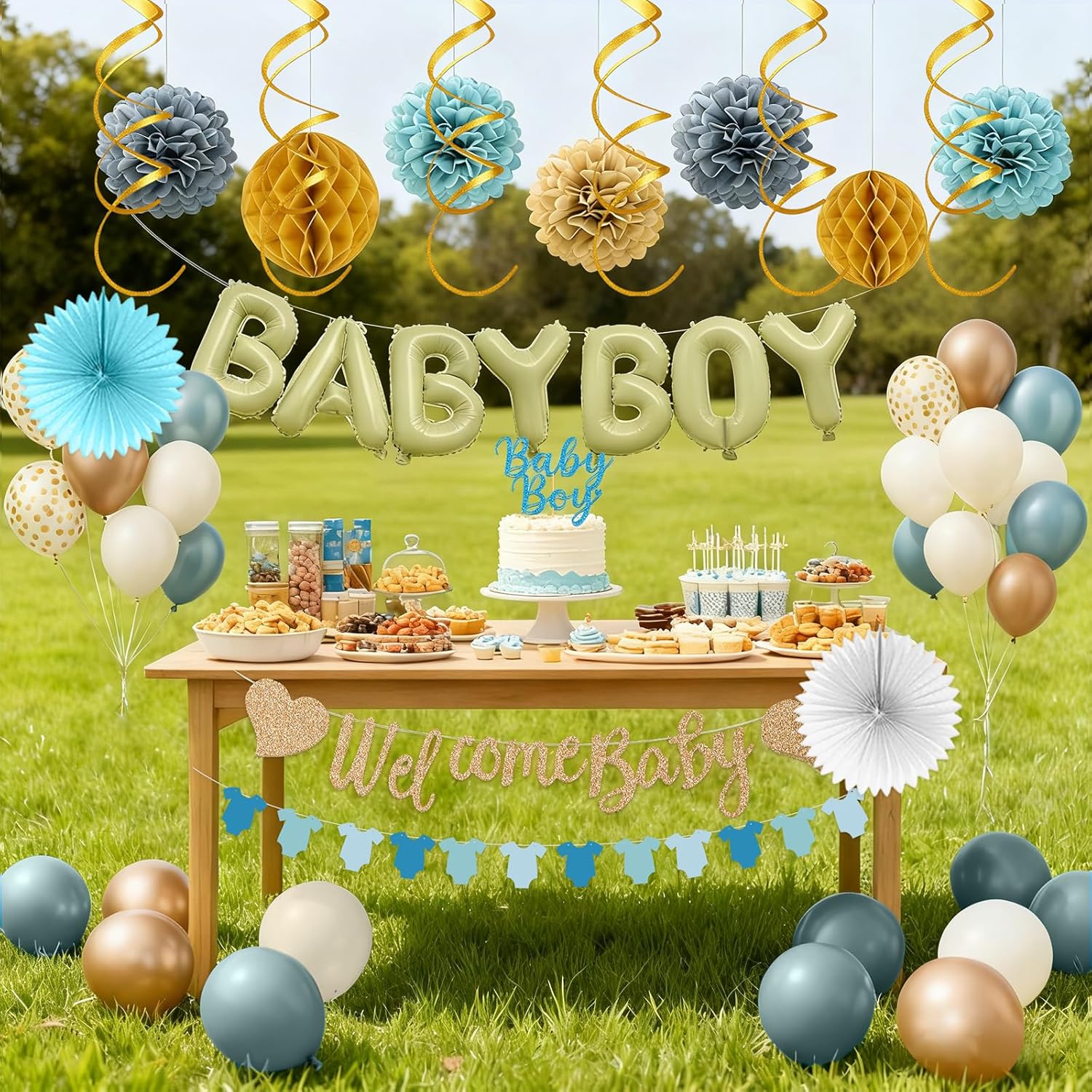 Blue Baby Shower Decorations Boy - Dusty Welcome Boy Baby Shower Decorations Kit with Balloons Welcome Baby Banner Honeycomb Balls White Tissue Pom Poms Hanging Swirls for Gender Reveal decor - Image 7