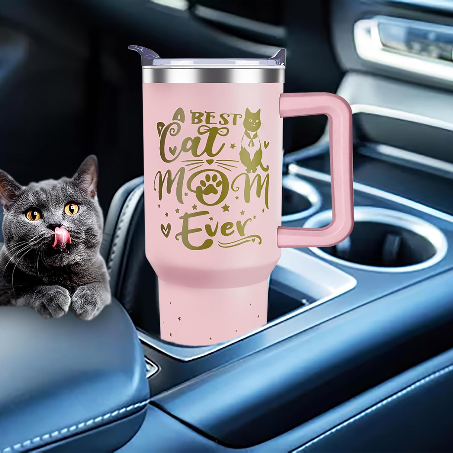 40 oz Cute Cat Tumbler with Handle and Straw Lid cat gifts for cat lovers for Women Double Insulated Cup Travel Coffee Mug - Image 3