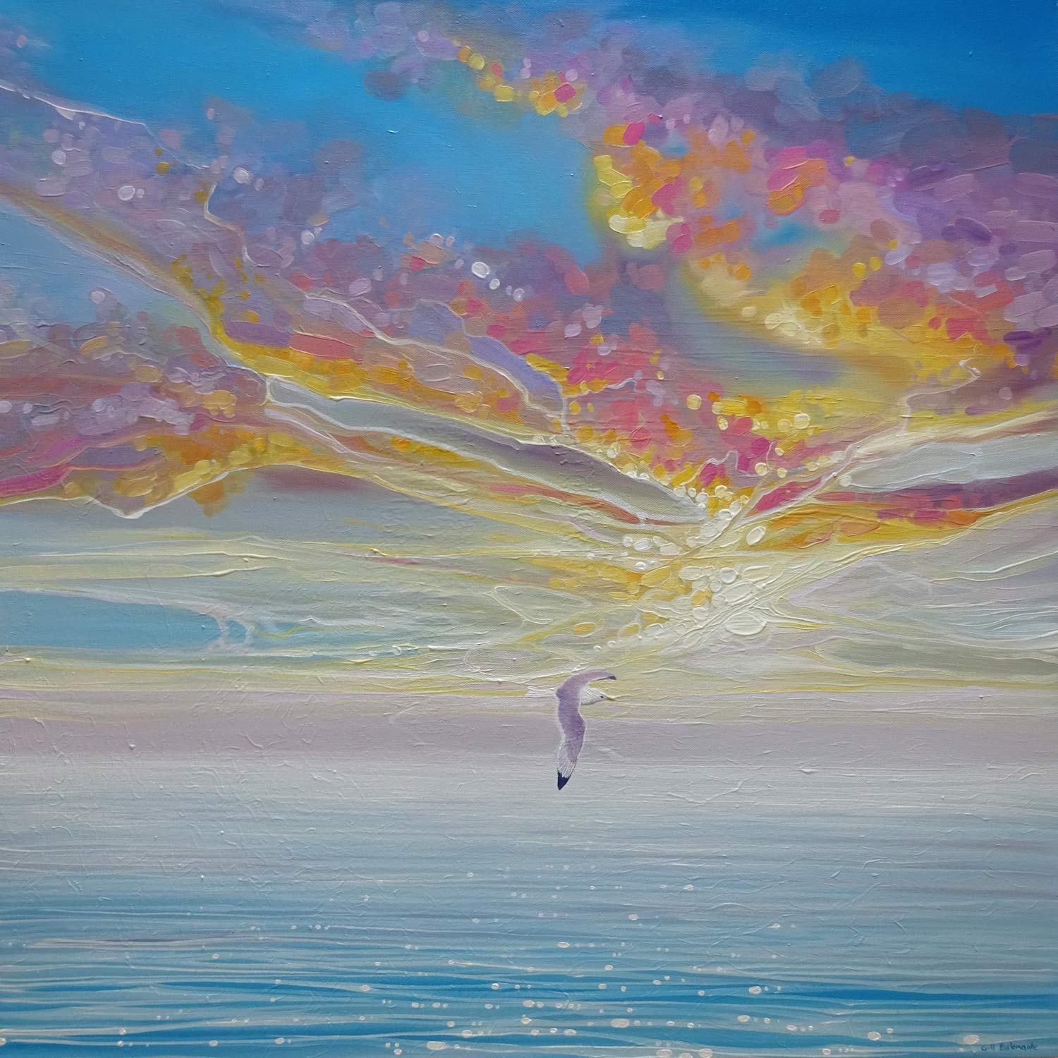 Sky Drama - a seascape skyscape painting with a lone sea gull