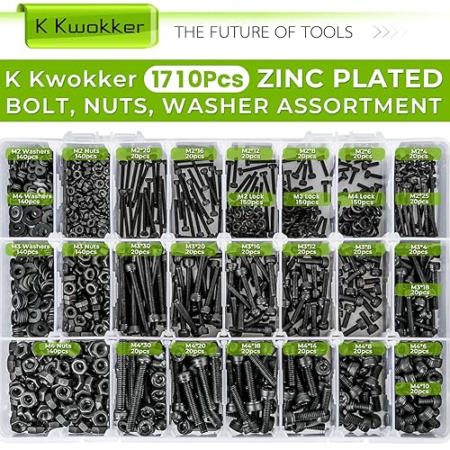 Miniatura 2 de K Kwokker Surtido de 1710 tornillos métricos M2 M3 M4, 21 tamaños de 0.157 in a 1.181 in mejorados de cabeza hexagonal chapada en zinc, tornillos y