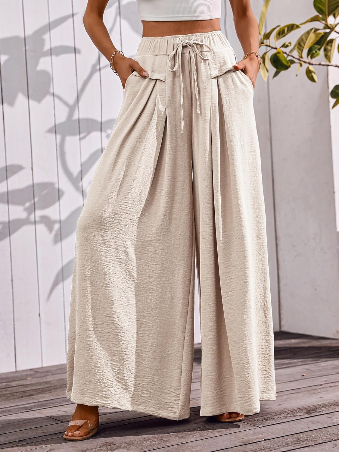 Flowy Wide Leg Palazzo Pants for Women Dressy Summer Casual Elastic Waist Lounge Long Trousers with Pocket - Image 5