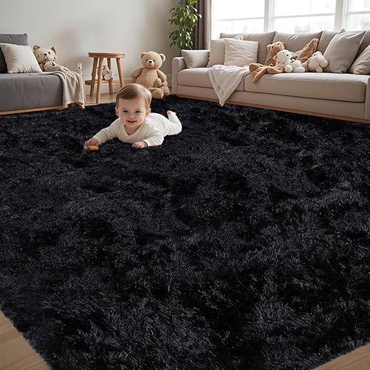 8x10 Area Rug for Living Room:Ultra Soft Fluffy Shag Black Rugs,Large Fuzzy Plush Indoor Non Slip Carpet Washable Rug for Bedroom Kids Nursery Office Dorm Modern Decor(Black)