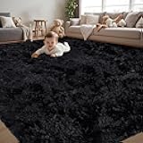 8x10 Area Rug for Living Room:Ultra Soft Fluffy Shag Black Rugs,Large Fuzzy Plush Indoor Non Slip Carpet Washable Rug for Bedroom Kids Nursery Office Dorm Modern Decor(Black)