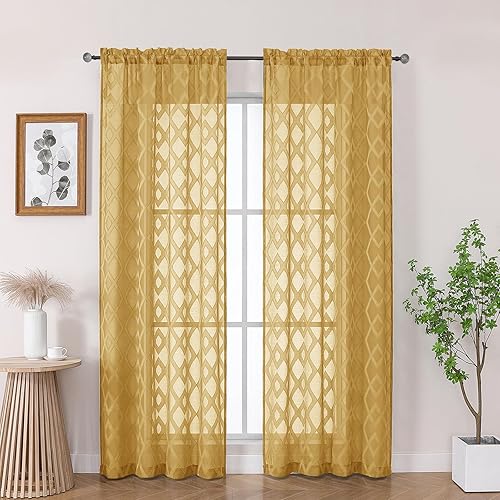 OWENIE Gold Curtains Sheer 84 Inches Long 2 Panels Set for Bedroom, Light Filtering Geometric Jacquard Clip Textured Window Curtain, Modern Farmhouse Curtains for Living Room, Total Wide 84" Inch