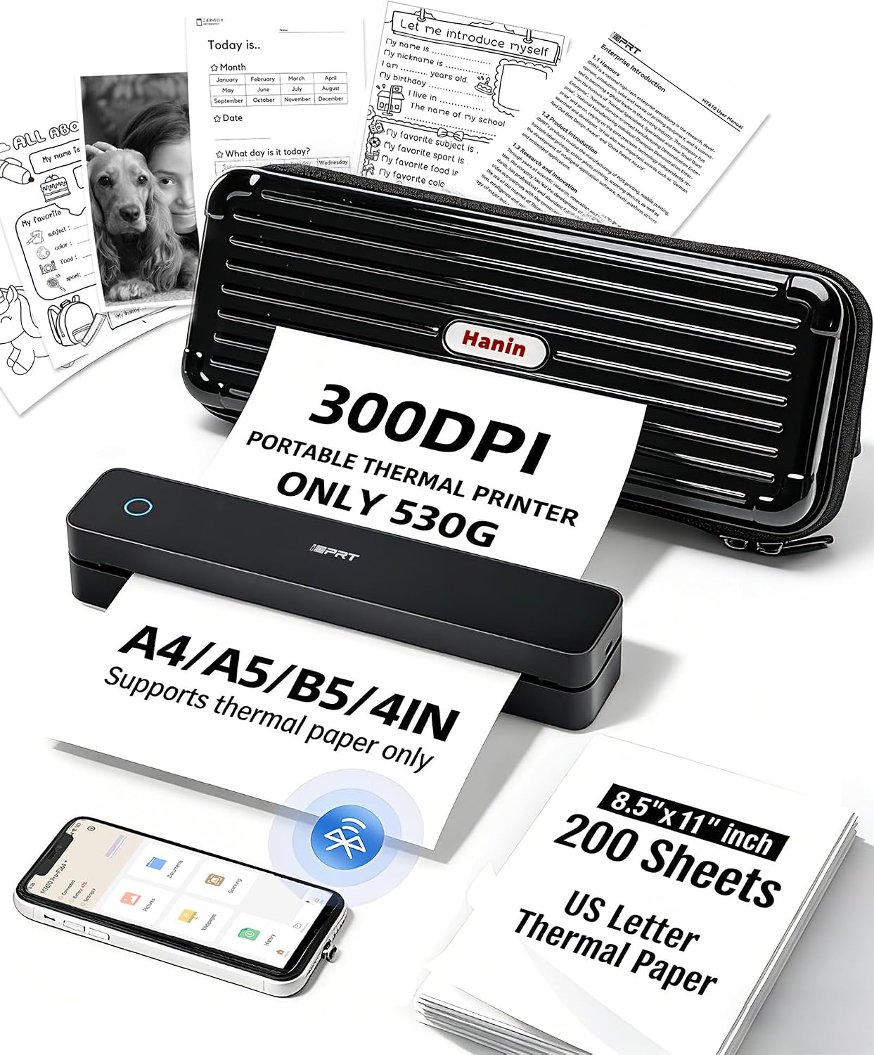 iDPRT MT610 Portable Thermal Printer, Mobile-Travel-Printers, Inkless-Wireless-Small-Printer for Home Use, Office, Vehicles, Bluetooth Printers Supports 8.5 x 11 US Letter&A4&A5, Deep Black