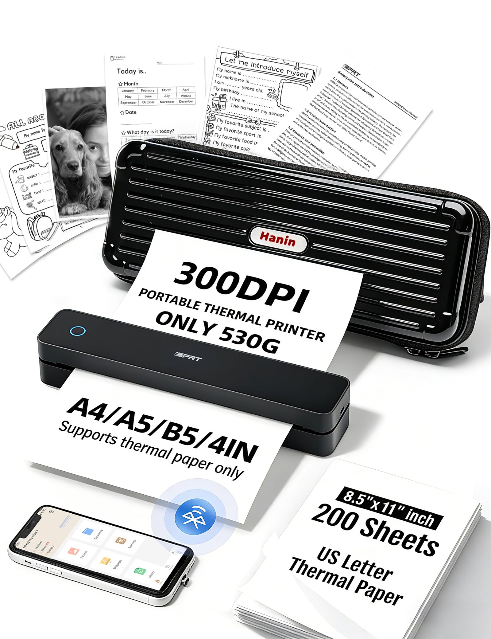 iDPRT MT610pro Portable Thermal Printer with Case &200 Sheets Paper, 300DPI Mobile-Travel-Printers, Inkless-Wireless-Small-Printer for Home Use, Office, Vehicles, Bluetooth Printers, Deep Black-image-0