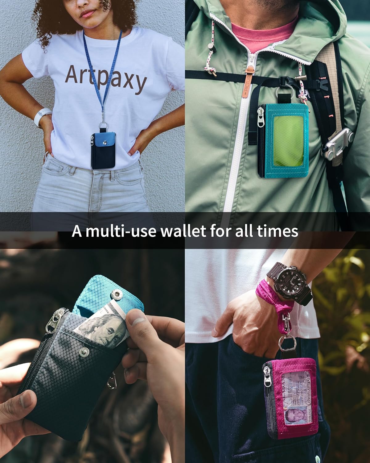 Minimalist Wallet For Mens Womens, Keychain RFID Blocking Zipper Small Wallet with ID Window 2 Lanyards,Water Resistant Travel Cash Card Coin Case Boys Girls - Image 4