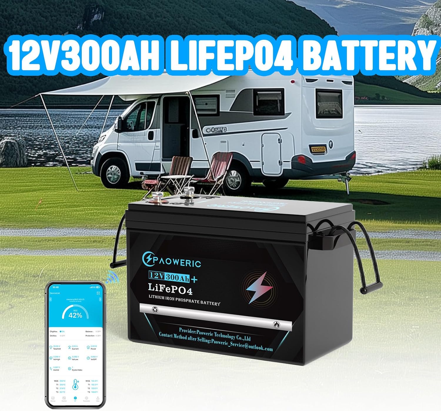 12V 300Ah LiFePO4 Lithium Battery with Smart 200A BMS,3840WH, Max.2560W Load Power,Compact Lithium Iron Phosphate Battery for Solar, RV, Home Energy Storage (12V300AH Smart)