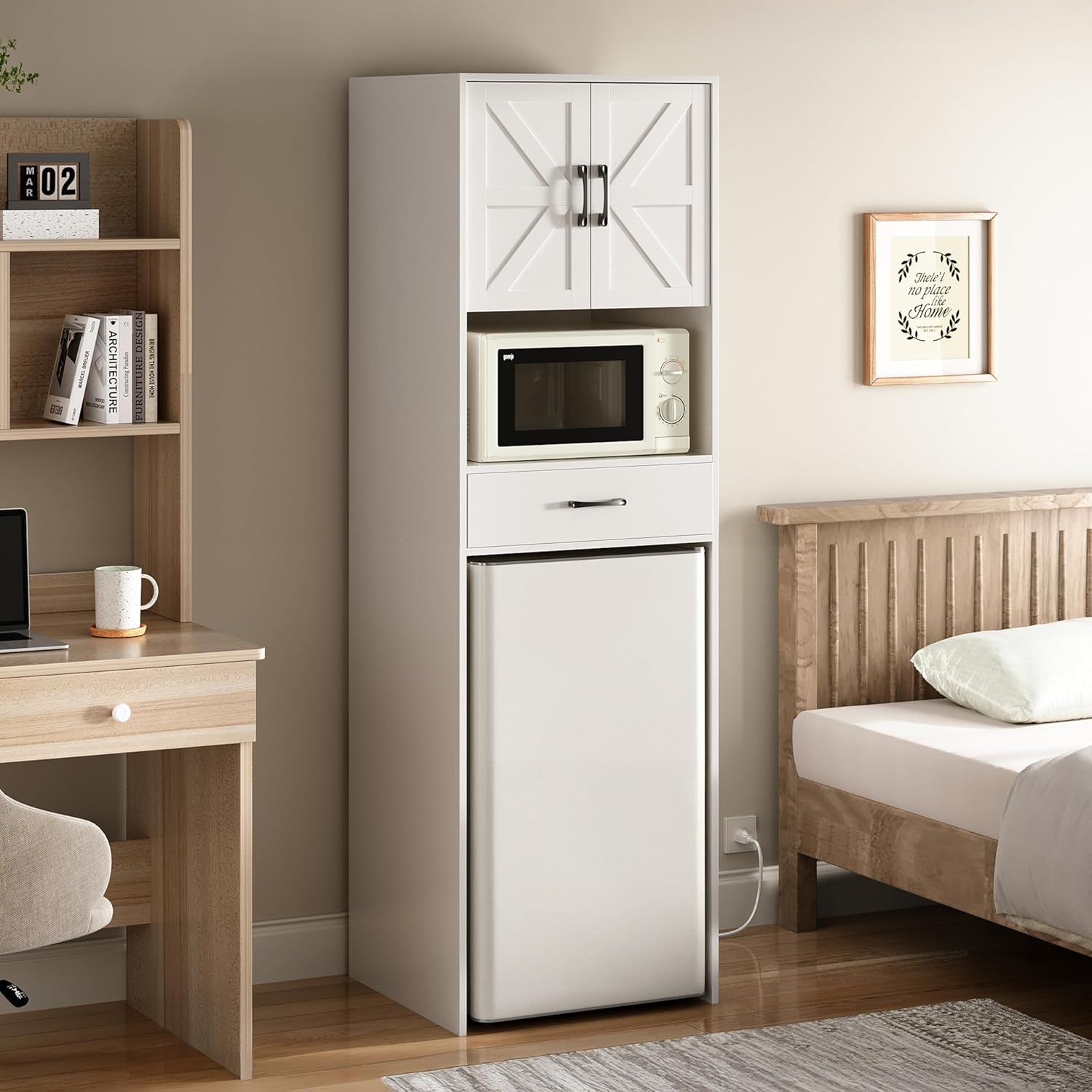 Mini Fridge Stand with Storage and Power Outlet, Coffee Bar Cabinet with Microwave Shelf, – Fits Most Mini Fridges and Wine Coolers, for Dorm, Kitchen, or Office White KH03MRW