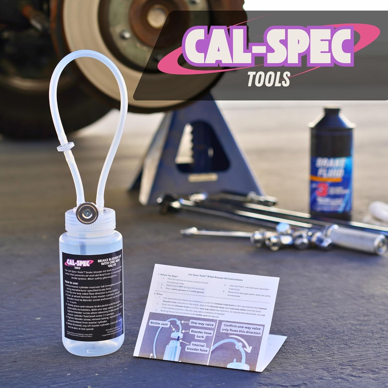 Brake Bleeder Kit - One-Way Check Valve, Magnet Mount, 16oz Catch Bottle, 16” Hose