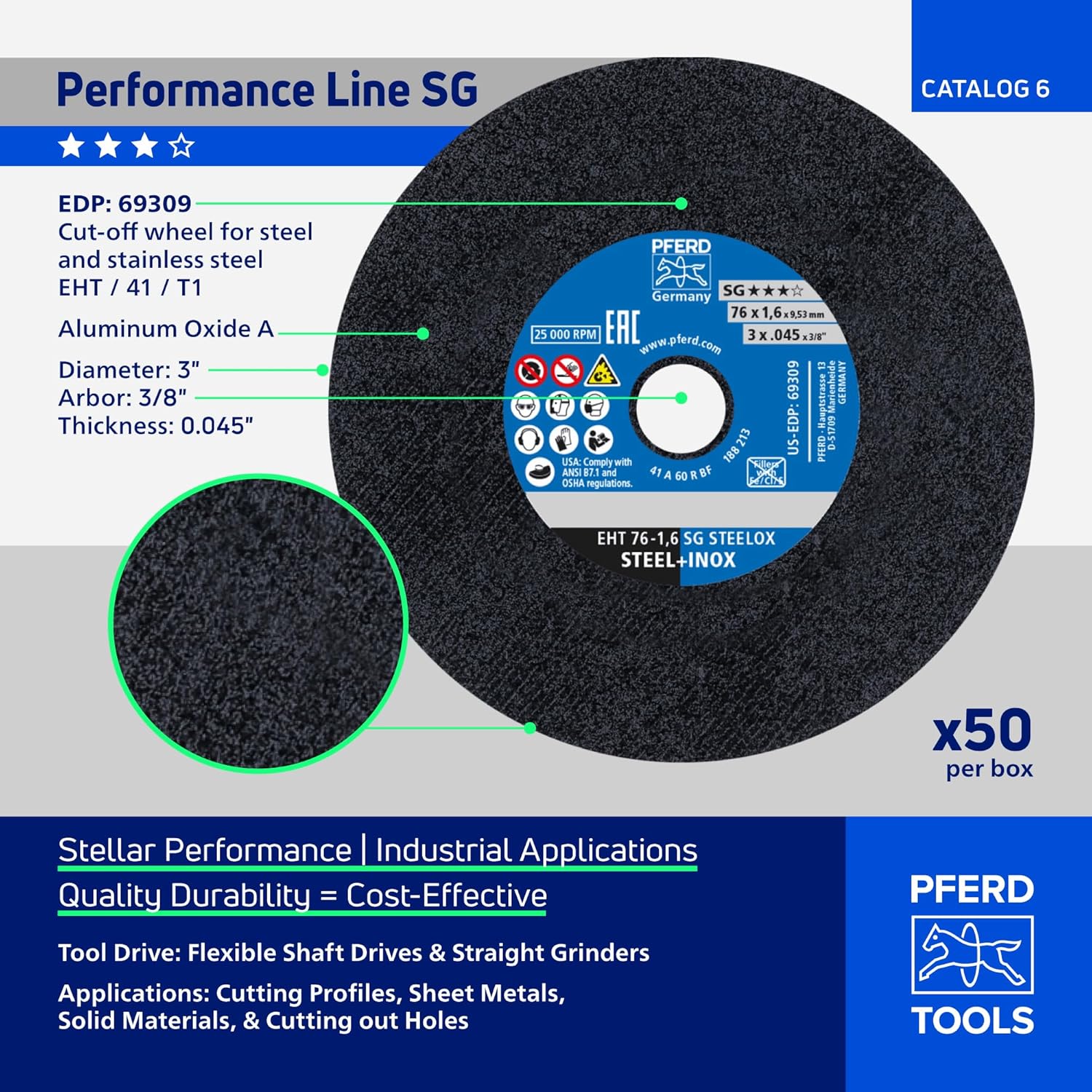 PFERD 3" Flat Die Grinder SG STEELOX Cut-Off Wheel – Type 1, Aluminum Oxide, 36 Grit, 3/8" Arbor, 1/16" Thick, 25000 RPM – Die Grinder Discs for Metal Cutting (Pack of 50) - Part 69309