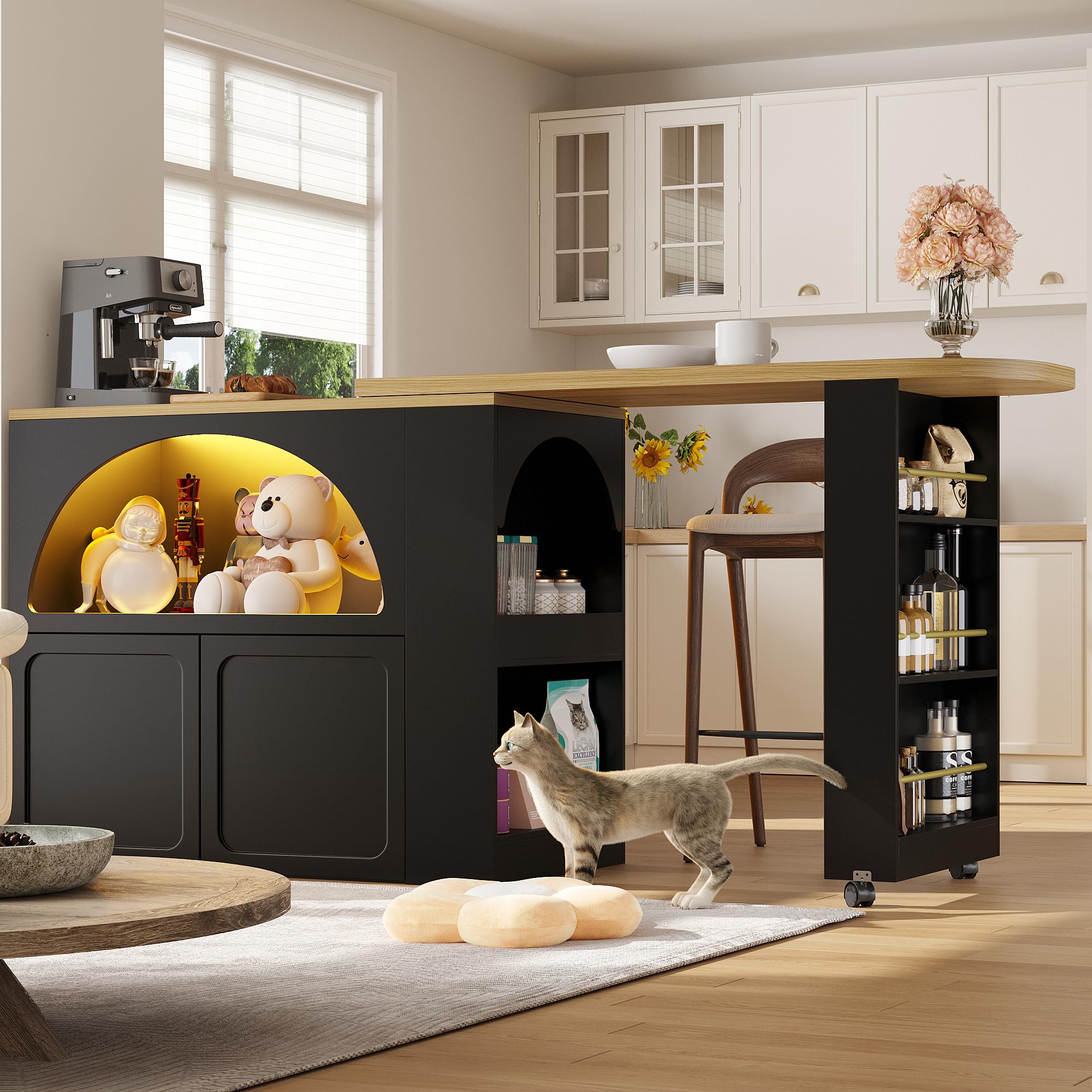 Merax Ausziehbarer Bartisch 135–205 cm,Beweglicher Bar Table mit LED & Rollen, Teleskopischer Hochtisch Kücheninsel schwarz, Bartheke mit Gewölbten Türen, Snack-Regal & Soft-Close Schrank
