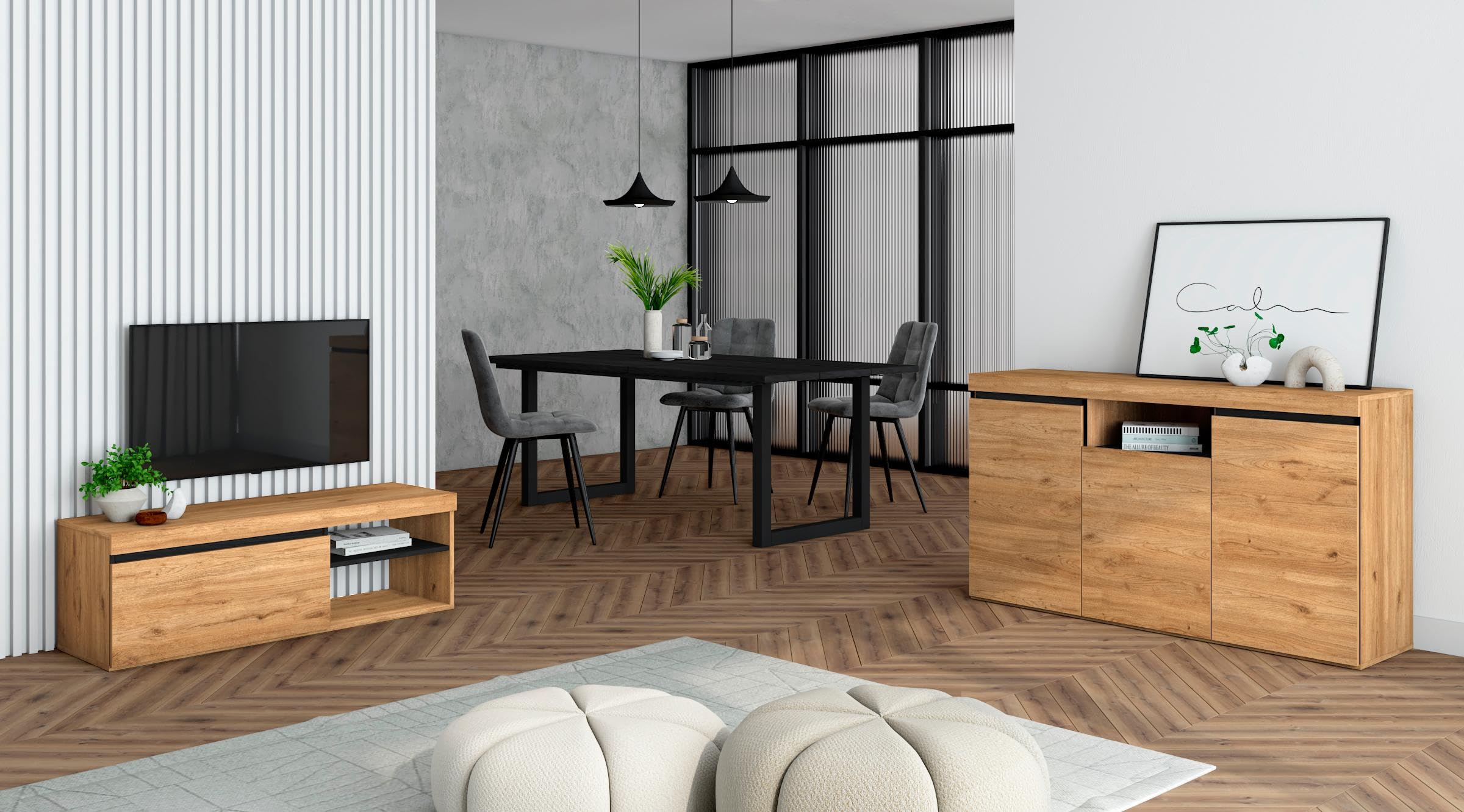 Skraut Home - Set di mobili per il soggiorno | Tavolo 200 Nera piedi U 10 commensali | Mobile TV 120 | Madia/Credenza 140 | Rovere e Nero | Stile industriale