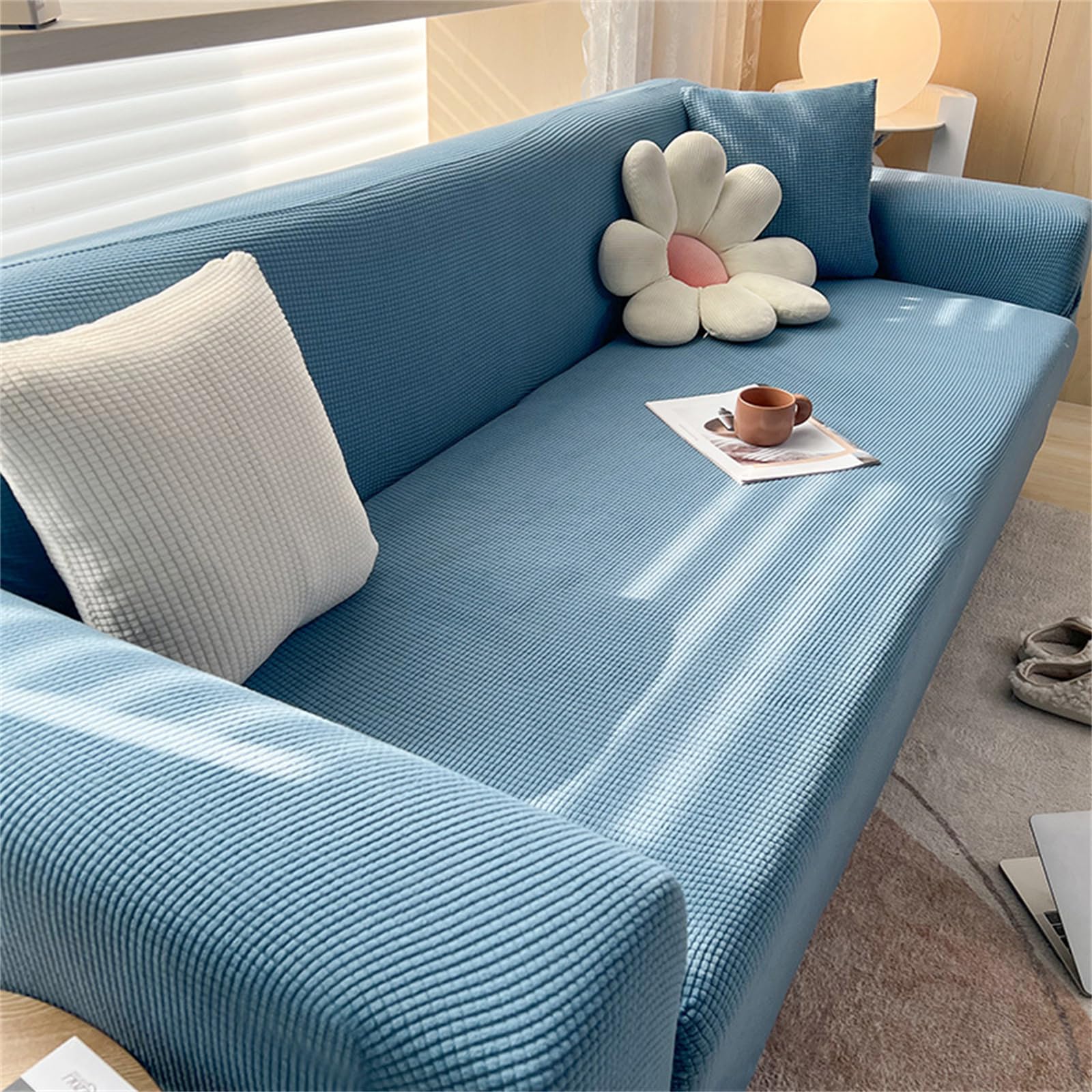 Hixingo Jacquard Anti-Slip Anti-Scratch Sofa Cover,1 2 3 4 Seater Couchcover Stretch Sofa Covers, Full Coverage Settee Protector Soft Protector for Living Room Home Decor (Blue,4 Seater)