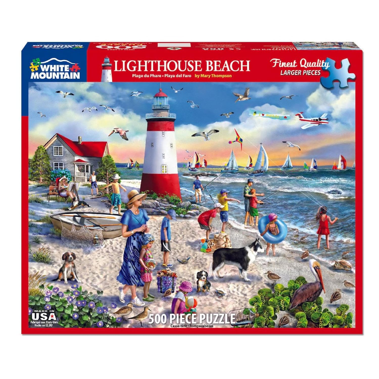 White Mountain 500 Piece Jigsaw Puzzle Summer Sailboat Ocean Puzzles with Large Pieces Gift for Adults and Seniors 18"x24" - Lighthouse Beach