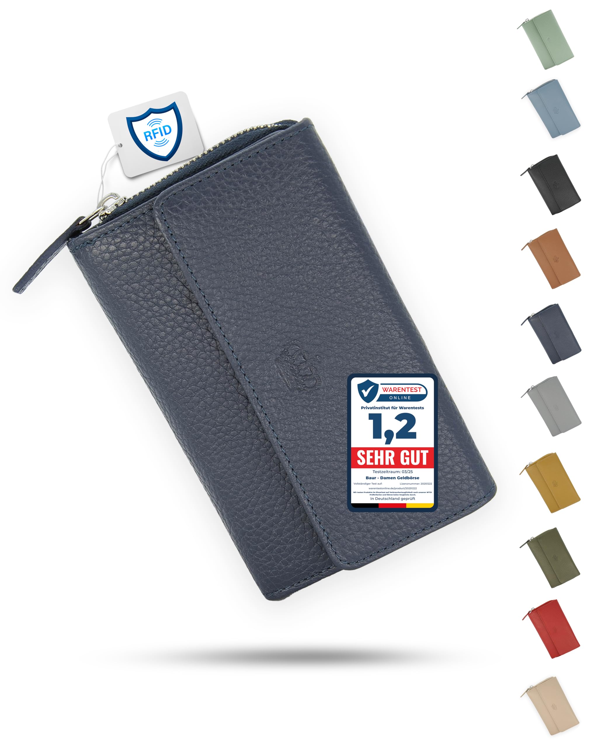 Baur portafoglio da donna – vera pelle con protezione RFID – portafoglio grande con 14 scomparti per carte – chiusura a bottone a pressione & tasca portamonete con cerniera (Blu scuro)