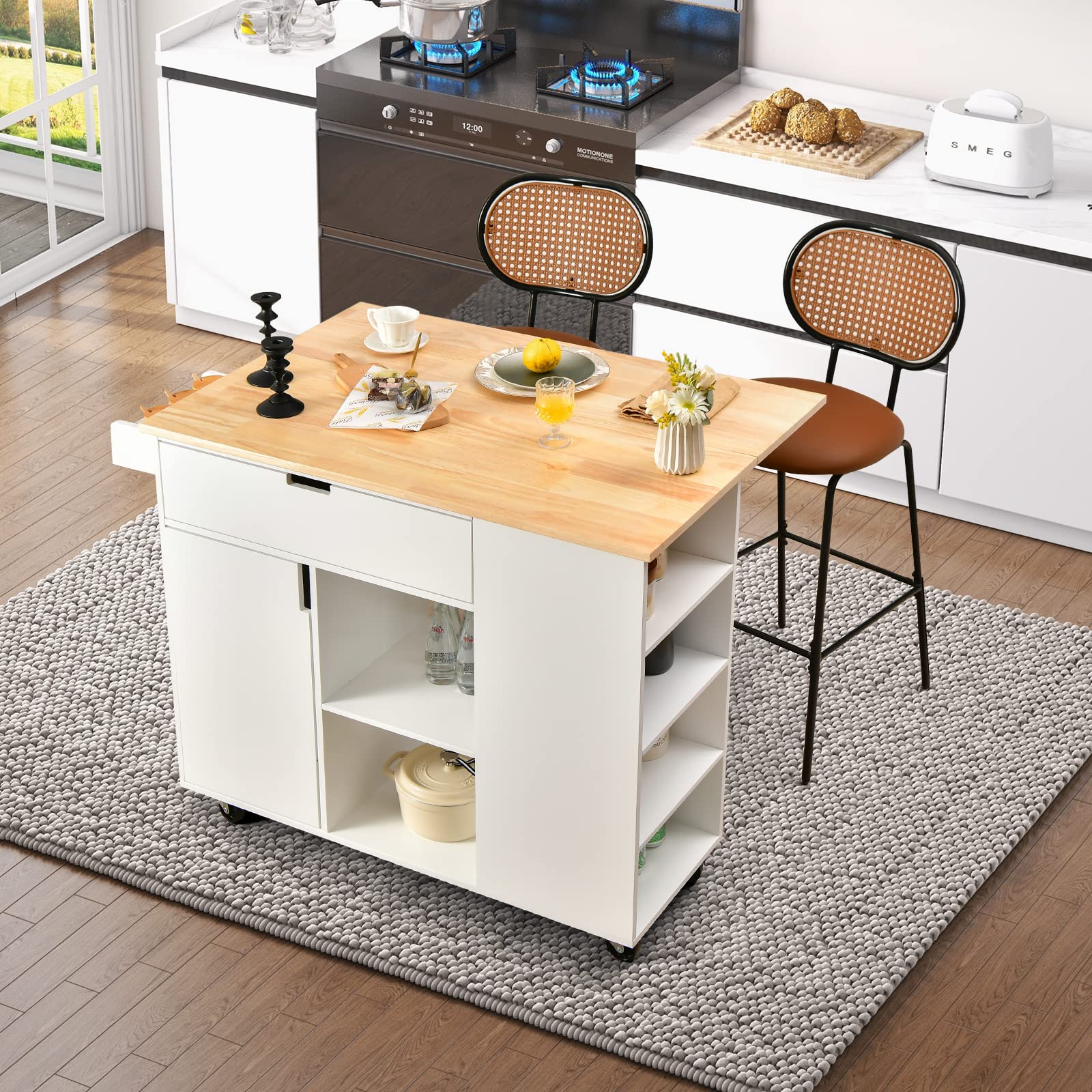 GIANTEX Carrito de Cocina con Isla, Carros de Servicio Rodante de Madera con Hoja, Cajón, Toallero y Portaespecias, Multiusos con Ruedas para Cocina y Comedor (Blanco)