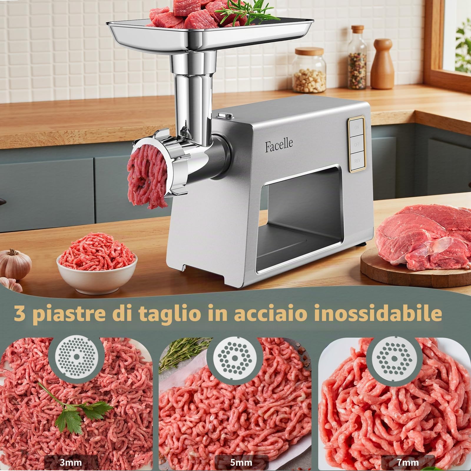 Facelle Tritacarne Elettrico per un Uso Familiare, 2000 W Max, con 3 Piastre Abrasive in Acciaio Inox, 1 Cubo e 1 Tubo di Riempimento per Salsicce, Tritacarne per Hamburger, Kibbeh e Cibo per Cani
