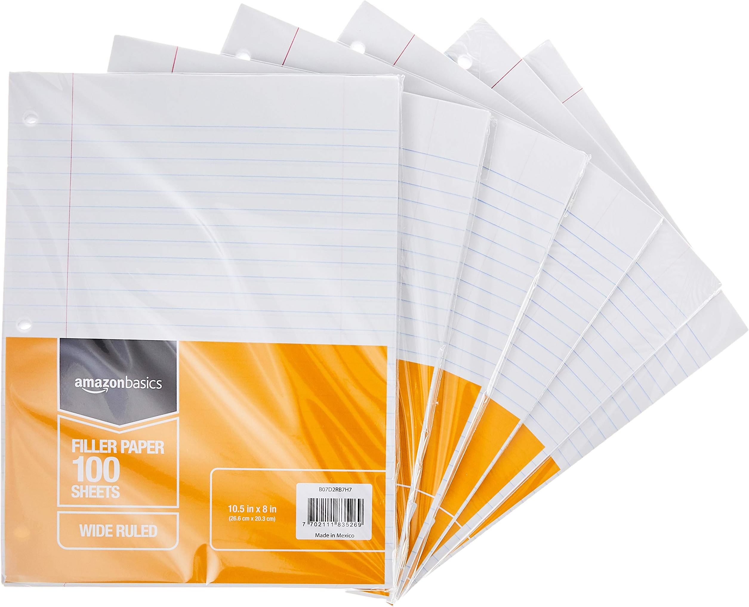 Amazon Basics Wide Ruled Loose Leaf Filler Paper, 600 Count (6 Packs of 100 Sheets), 10.5 x 8 Inch, 6-Pack, White
