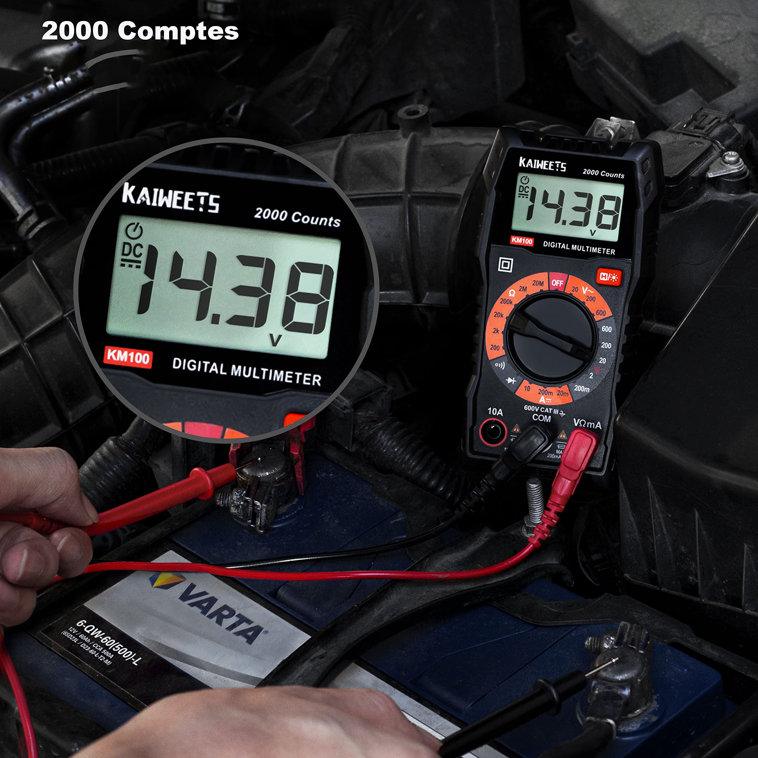 KAIWEETS Multimètre Numérique 2000 Comptes, Testeur Électrique Tension CA/CC Courant CC Résistance Continuité Diode