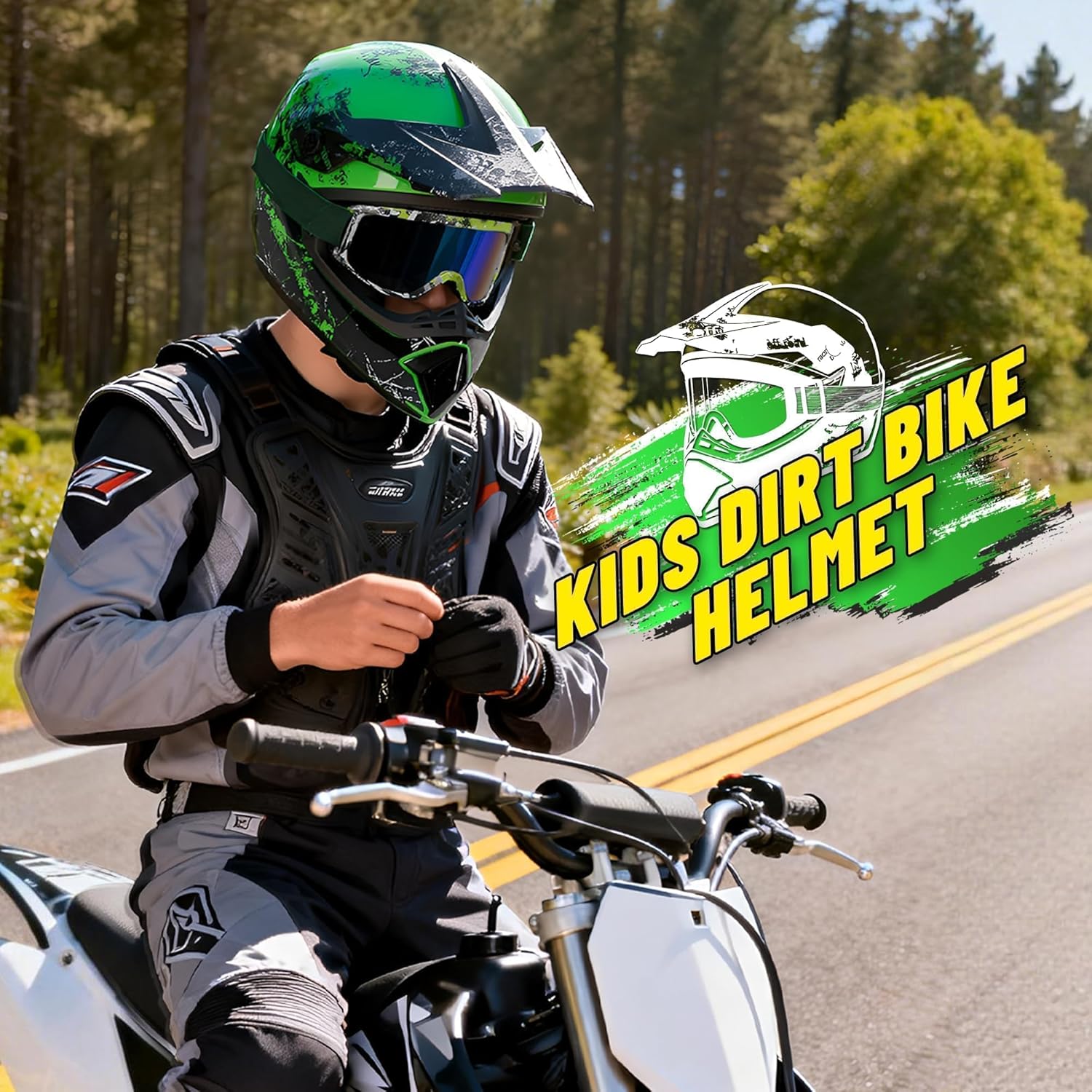 for Kids 4-16 DOT Certified Full Face Motorcycle Helmet,Youth Dirt Bike & ATV Helmet for Boys & Girls for Motocross, Go-Kart, Electric Dirtbike and Off-Road Riding (Green, L)