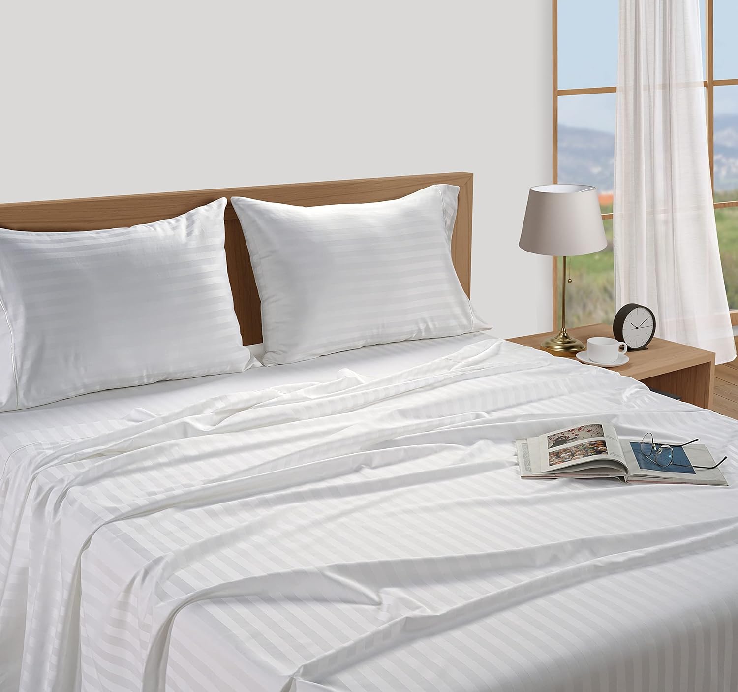 CHATEAU HOME COLLECTION 100% Egyptian Cotton Damask Stripe Queen Sheets, Machine Washable, No Pill & Shrinkage, Soft & Comfy All Season Bed Sheets- White