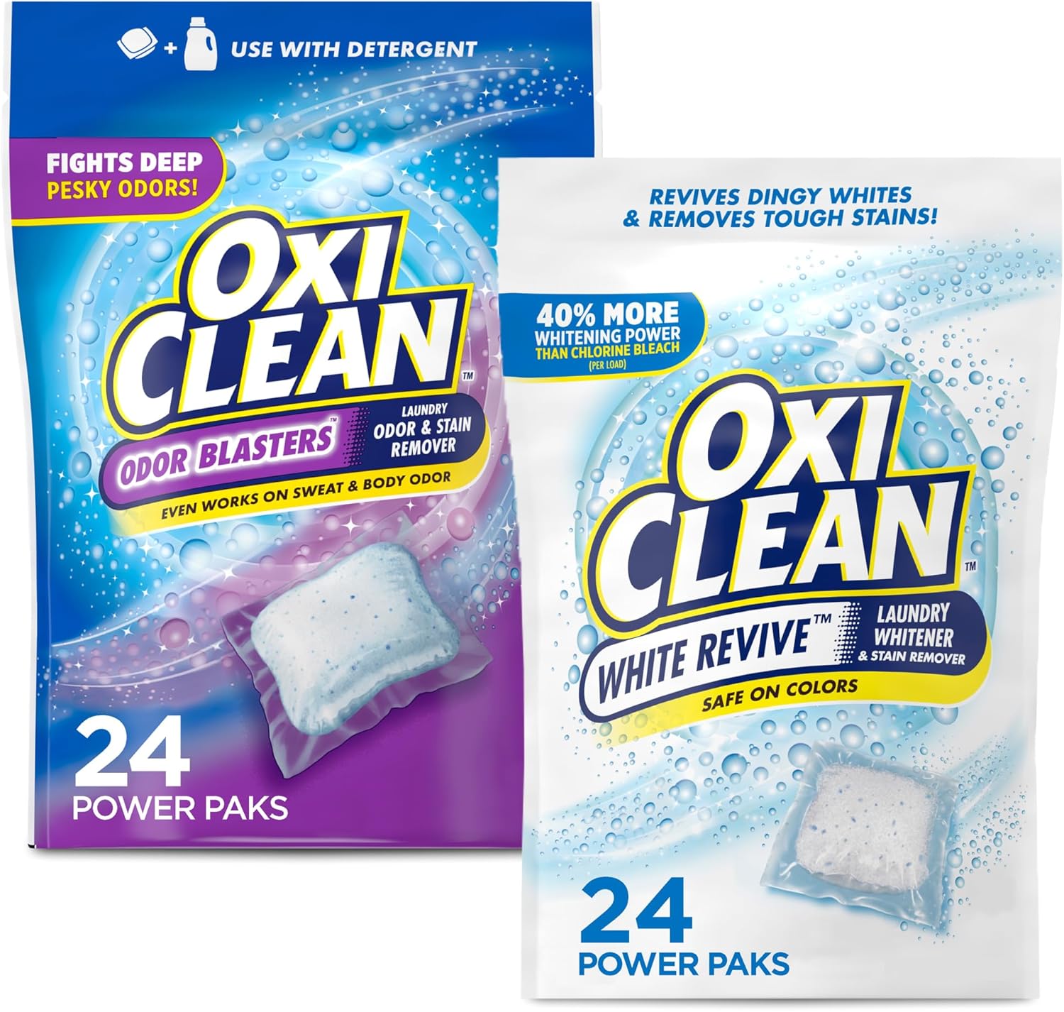 Bundle of OxiClean White Revive Laundry Whitener and Stain Remover Power Paks, 24 Count + OxiClean Odor Blasters Odor and Stain Remover Power Paks, 24ct