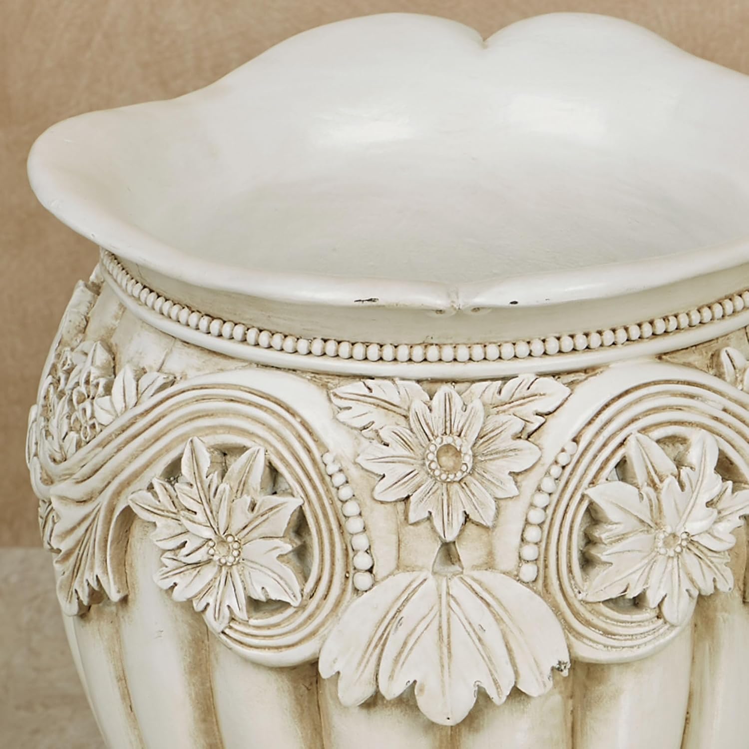 Touch of Class Flowering Medallion Wastebasket - Resin - Antique Ivory - Painted by Hand Container for Bathroom, En Suite, Kitchen - Functional Accessory