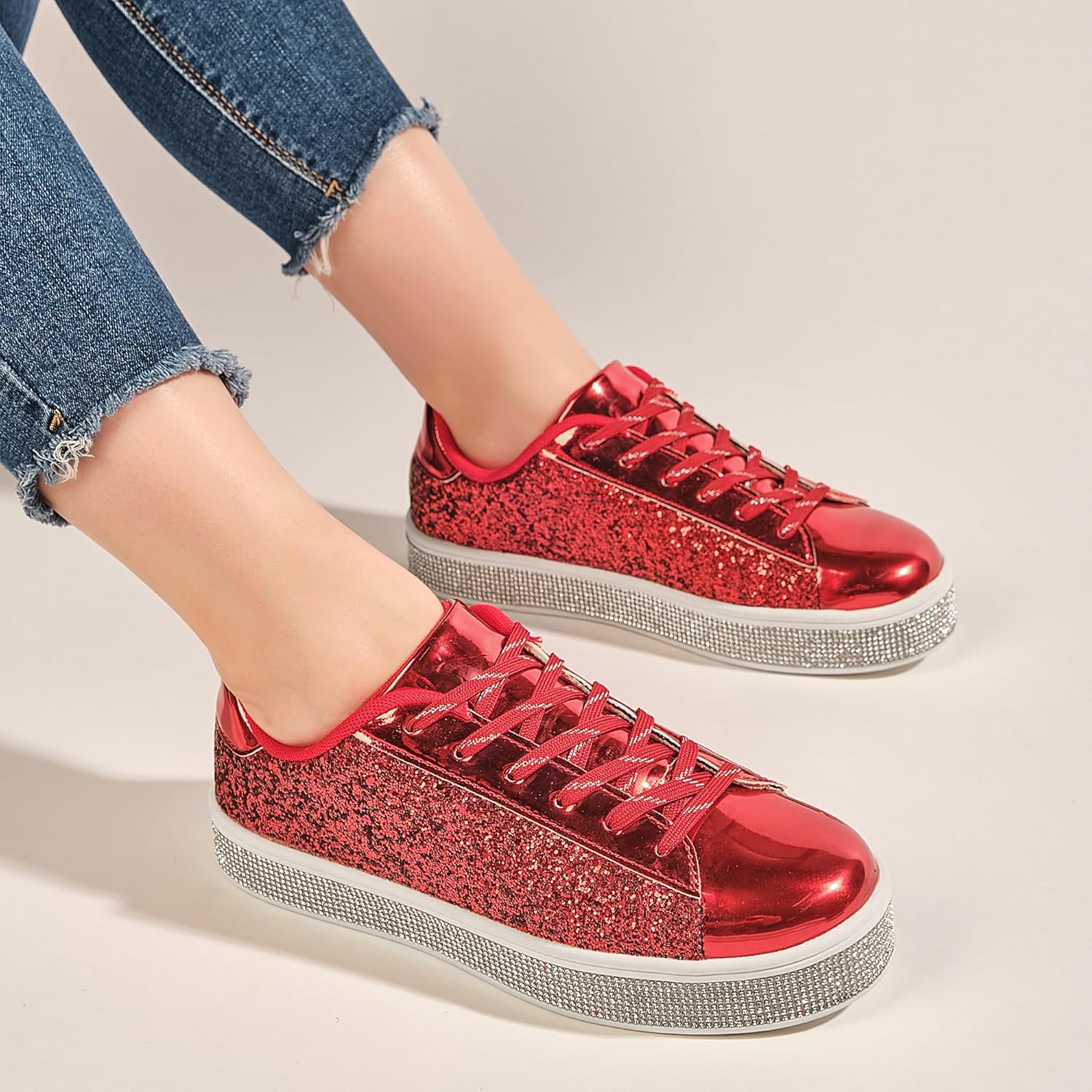 UUBARIS Women's Glitter Tennis Sneakers Neon Dressy Sparkly Sneakers Rhinestone Bling Wedding Bridal Shoes Shiny Sequin Shoes - Image 6