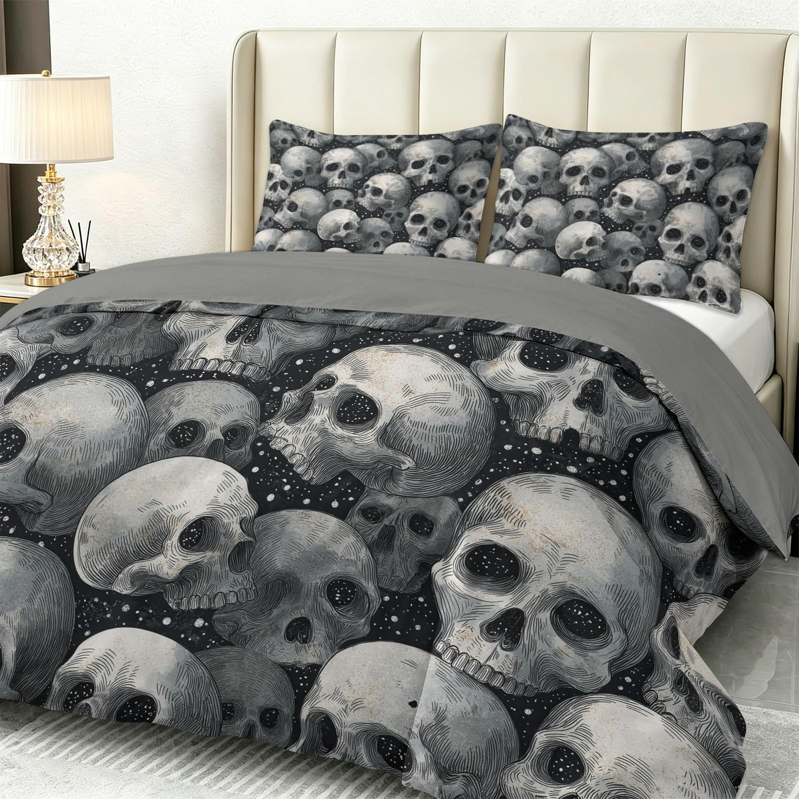 Miękki, lekki zestaw pościeli z mikrofibry, ciemny, tajemniczy, czarna poszewka na kołdrę z motywem czaszki na Halloween, 230 x 220 cm, na wszystkie pory roku, nie wymaga prasowania, z 2 poszewkami na