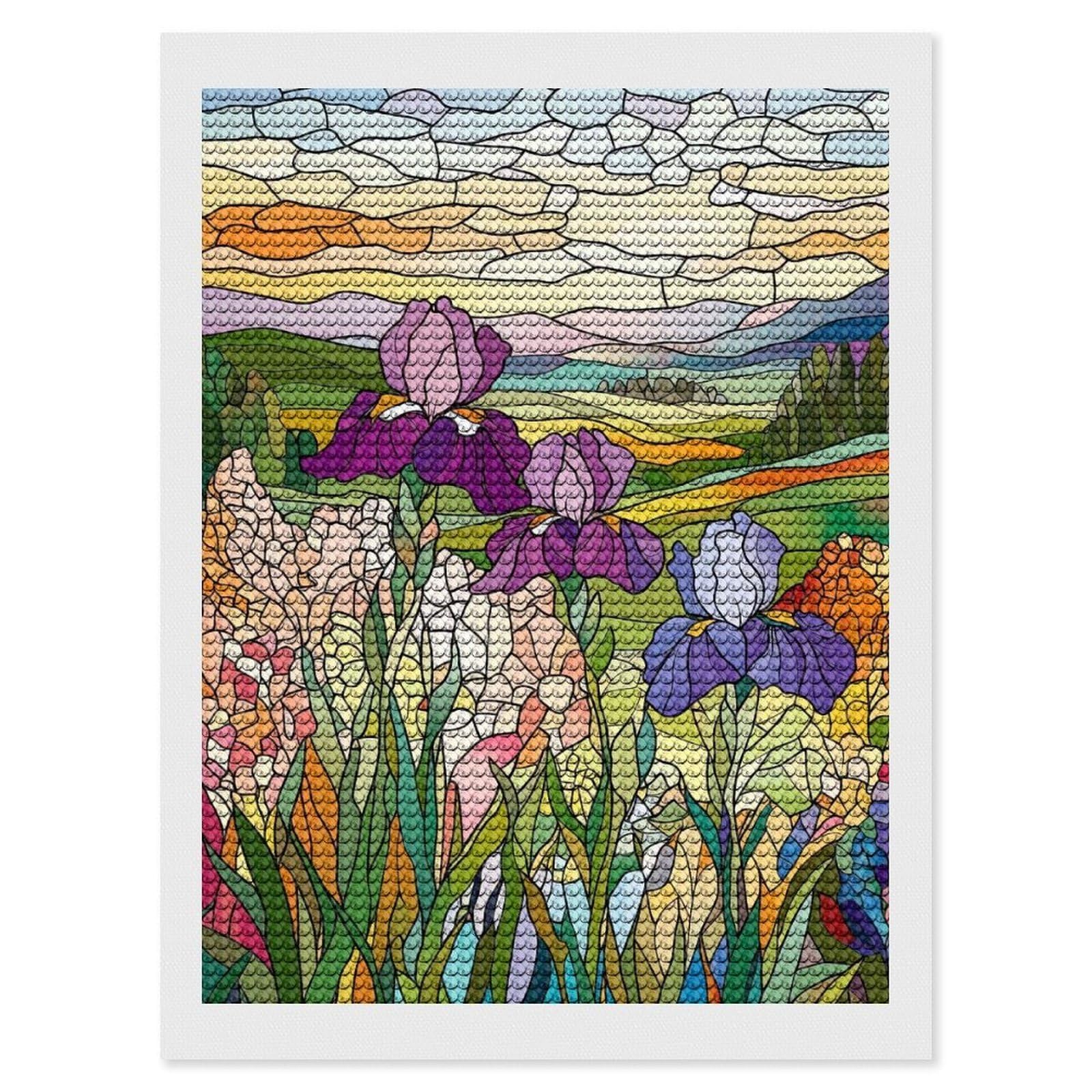 Junmoney Stained Glass Irises Diamond Painting Set 12"x16", for Beginners, Modern Decor, Simple to Start, Gift Idea, Pleasing Wall Art Project