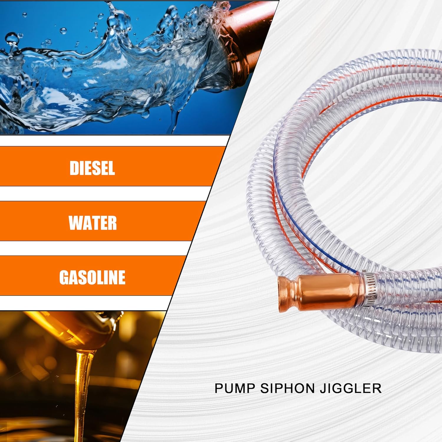8.2FT 5/8" Heavy Duty Siphon Hose - Gerguirry Self-Priming Jiggler Pump for Boats, ATVs & Tractors Copper Nipple w/Metal Buckle, Fuel Transfer Tube for Gasoline Fuel Gas, 2PCS