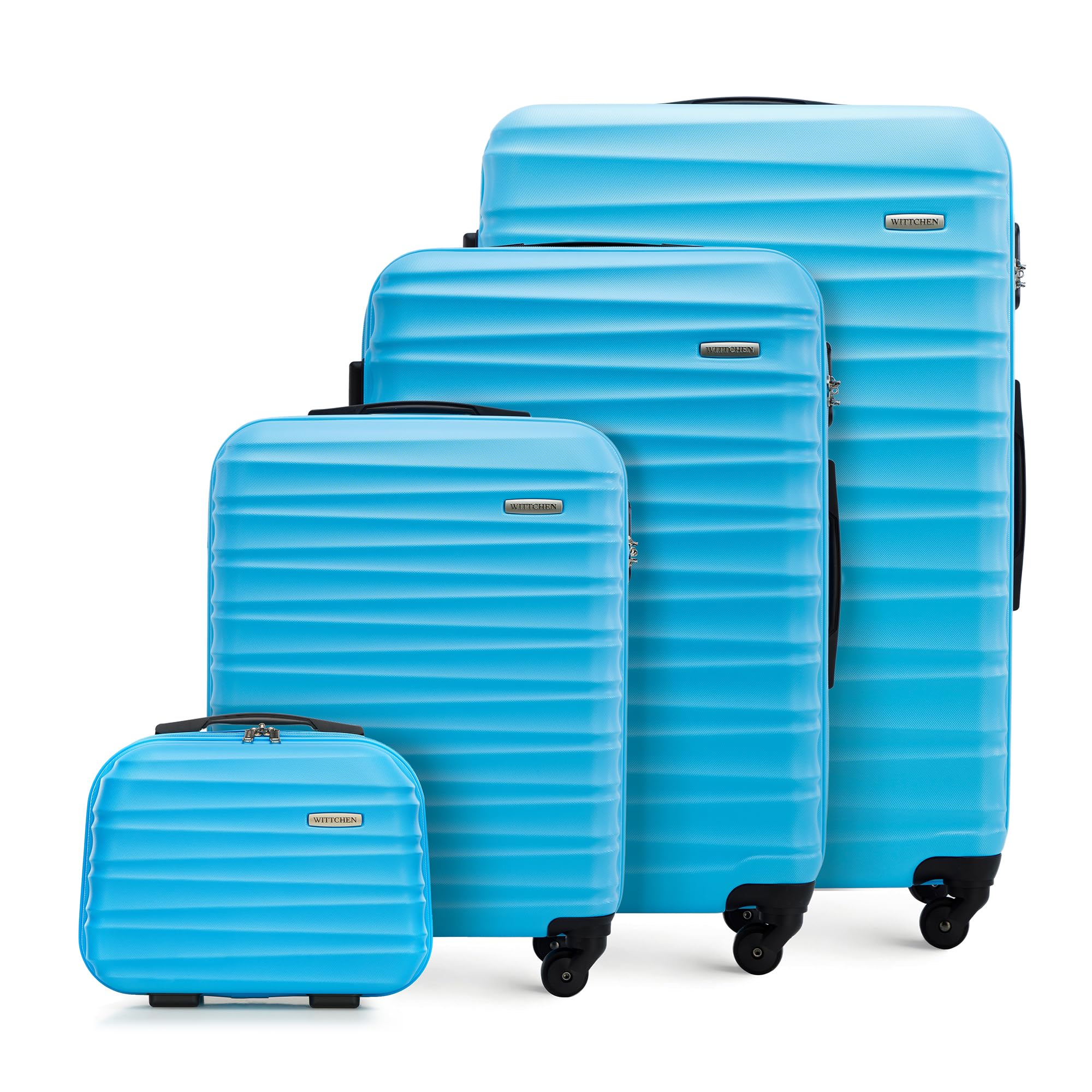 WITTCHEN set di 4 valigie con custodia per cosmetici trolley bagaglio a mano ABS 4 ruote spinner chiusura a combinazione maniglia telescopica Groove Line blu Ryanair/ITA Airways/easyJet