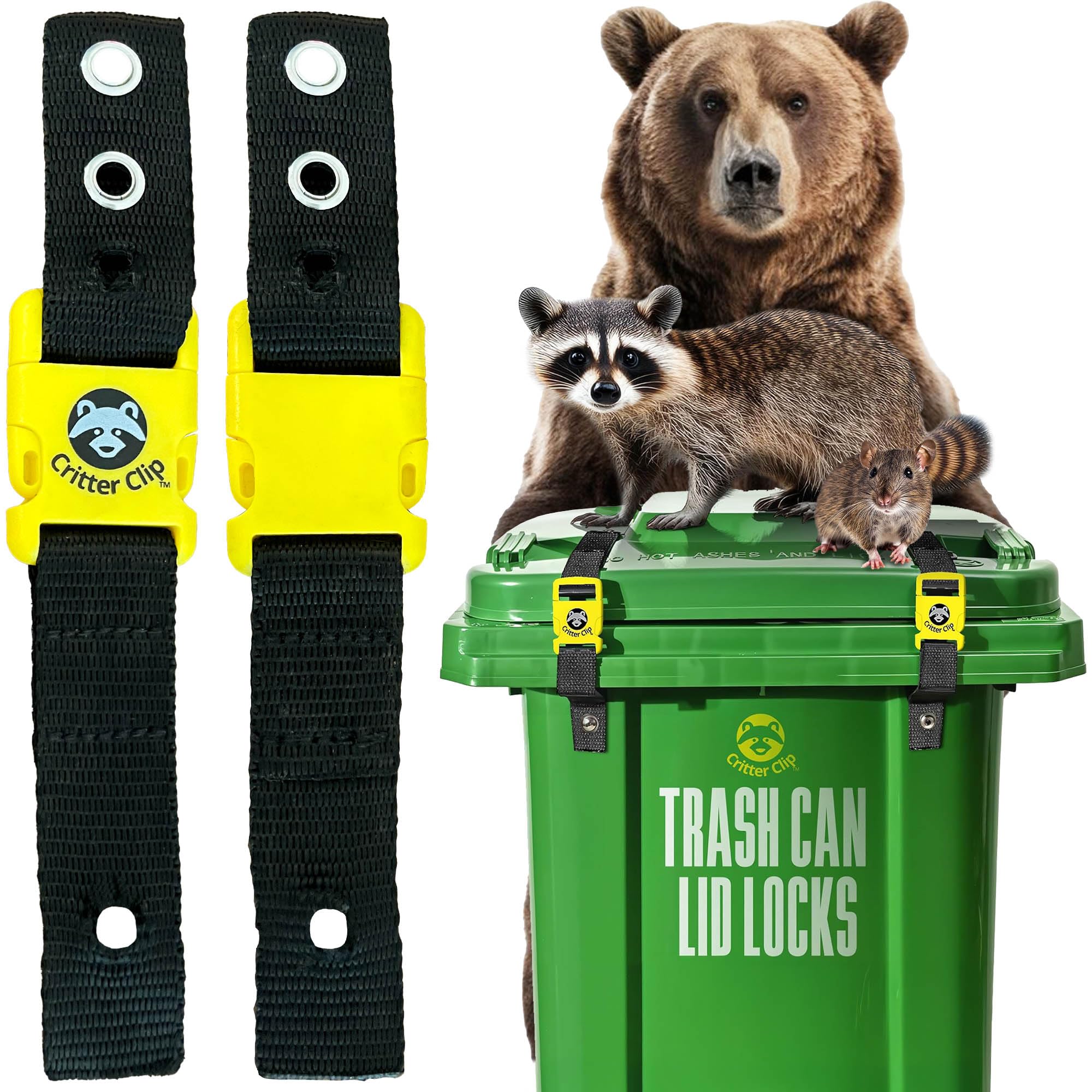 Amazon.com: Critter Clips The Original Trash Can Locks for Animals, Easy to  Install Bear Proof Trash Can Lock for Outdoor, Heavy Duty Raccoon Proof  Garbage Lid Straps with Strong Buckles for Tight