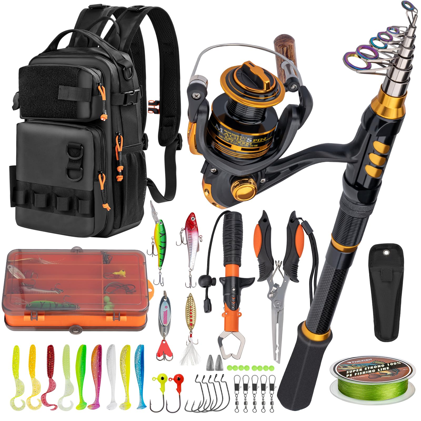 THKFISH Combo de Caña de Pescar y Carrete con Mochila, Kit Telescópico Giratorio con Señuelos, Alicates y Agarre de Labios
