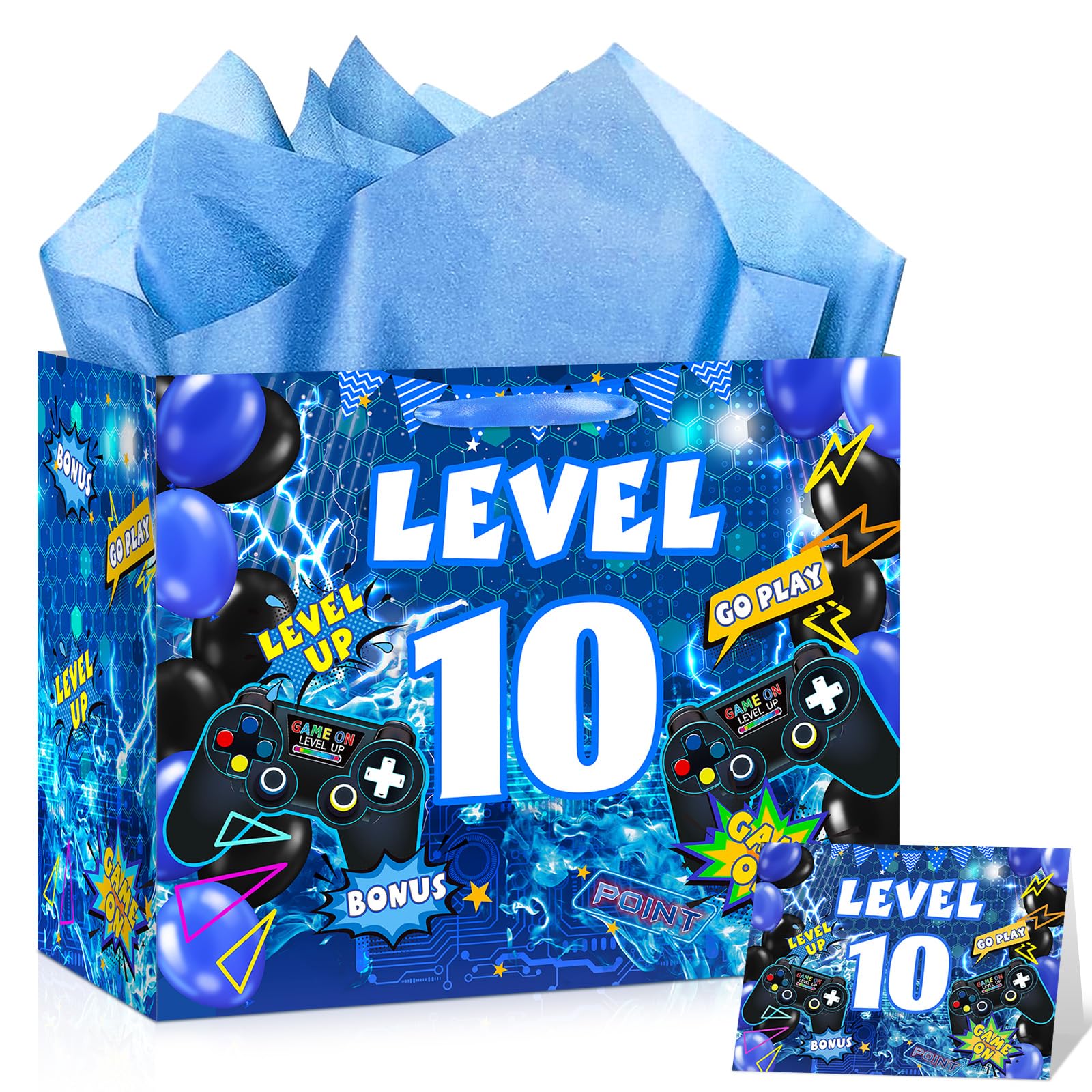 Video Game 10th Birthday Gift Bags Blue Gamer 10th Birthday Gift Wrapping Bag Swith Handle Gaming Level Up 10 Goody Bag with Tissue Paper and Greeting Card for Boys Girls 10 Years Old Party Decor