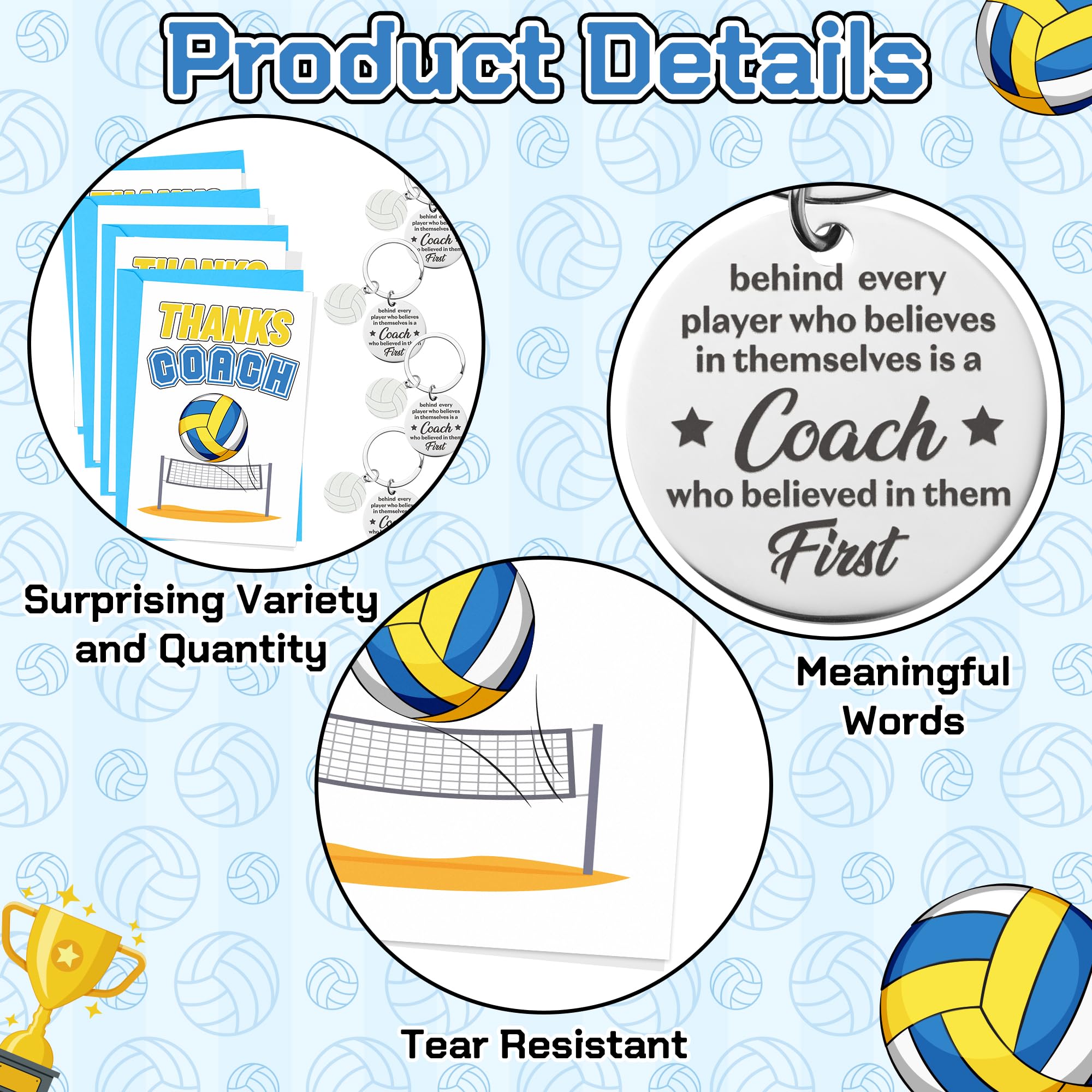 WATINC Coach Appreciation Gift Bulk - Thank You Volleyball Coach Gifts with 4 Thanks Card, Envelope, Keychain Set for Women Men, Thanks Volleyball Sports Teacher Greeting Cards for Farewell Birthday