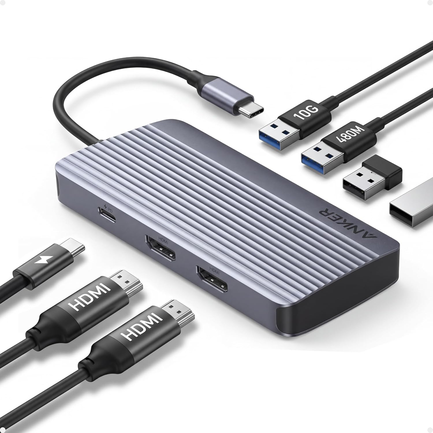 7-in-1 USB-C Hub, Dual Monitor USB C Docking Station | Dual HDMI Display, 85W Max Output, 10Gbps Data Transfers for Dell XPS, ThinkPad T14 Gen2 and More