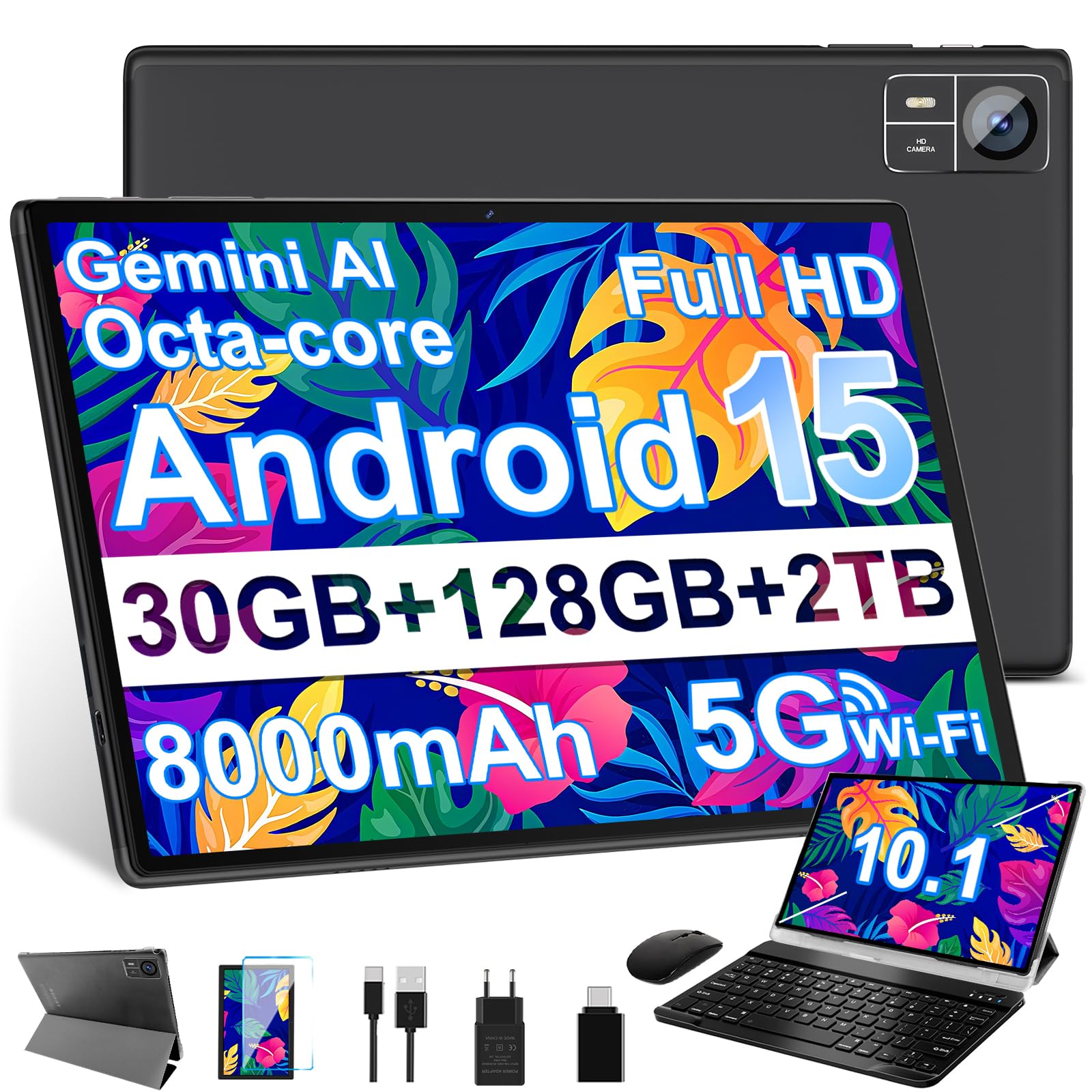 SUAAT Android 15 Tablet da 10 pollici, Gemini AI, Widevine L1, Octa Core, 8000 mAh, 30 GB RAM+ 128 GB ROM, 8 MP+5 MP, Bluetooth 5.0, Tablet PC Include mouse, tastiera e custodia protettiva - Nero