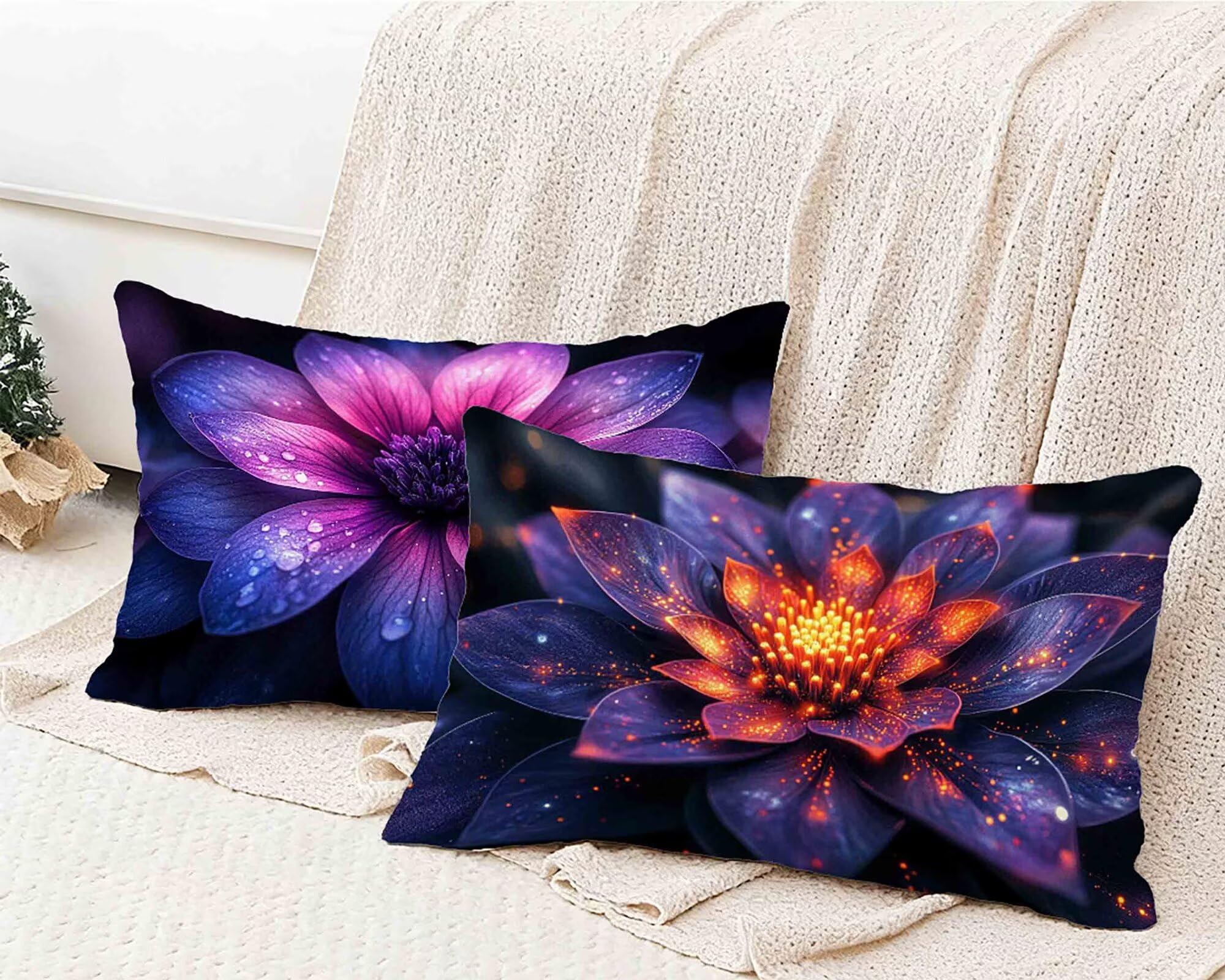 Kissenbezug 50x70cm 2er Set, Kissenbezug Lila Kopfkissen Lotus Muster Design Kopfkissenbezug Wasserdicht Leinen Pillow Case Herbstdeko mit Verstecktem Reißverschluss für Deko Wohnzimmer -lsy25012QO