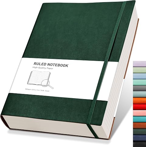 RETTACY A4 Lined Notebook, Leather Softcover Journal, 320 Pages, DarkGreen | Notepad for Men Women, 100 GSM Thick Ruled Paper, for School Office Writing - 21.5 × 27.9 cm