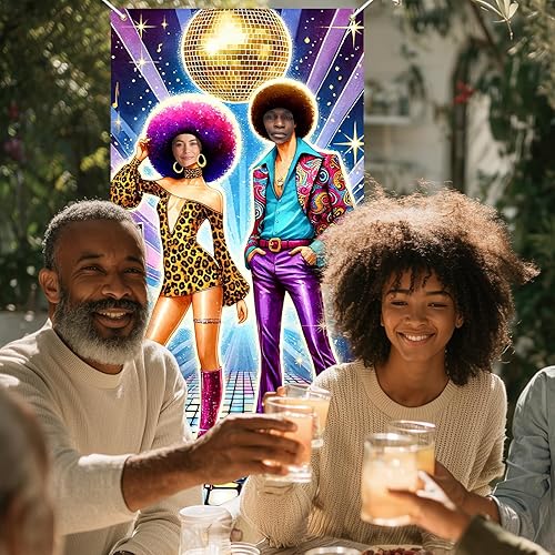 Miniatura 7 de Banner para puerta de fotos de discoteca de 35 x 71 pulgadas, suministros de fondo de baile retro de los años 70, decoraciones de fiesta de los años