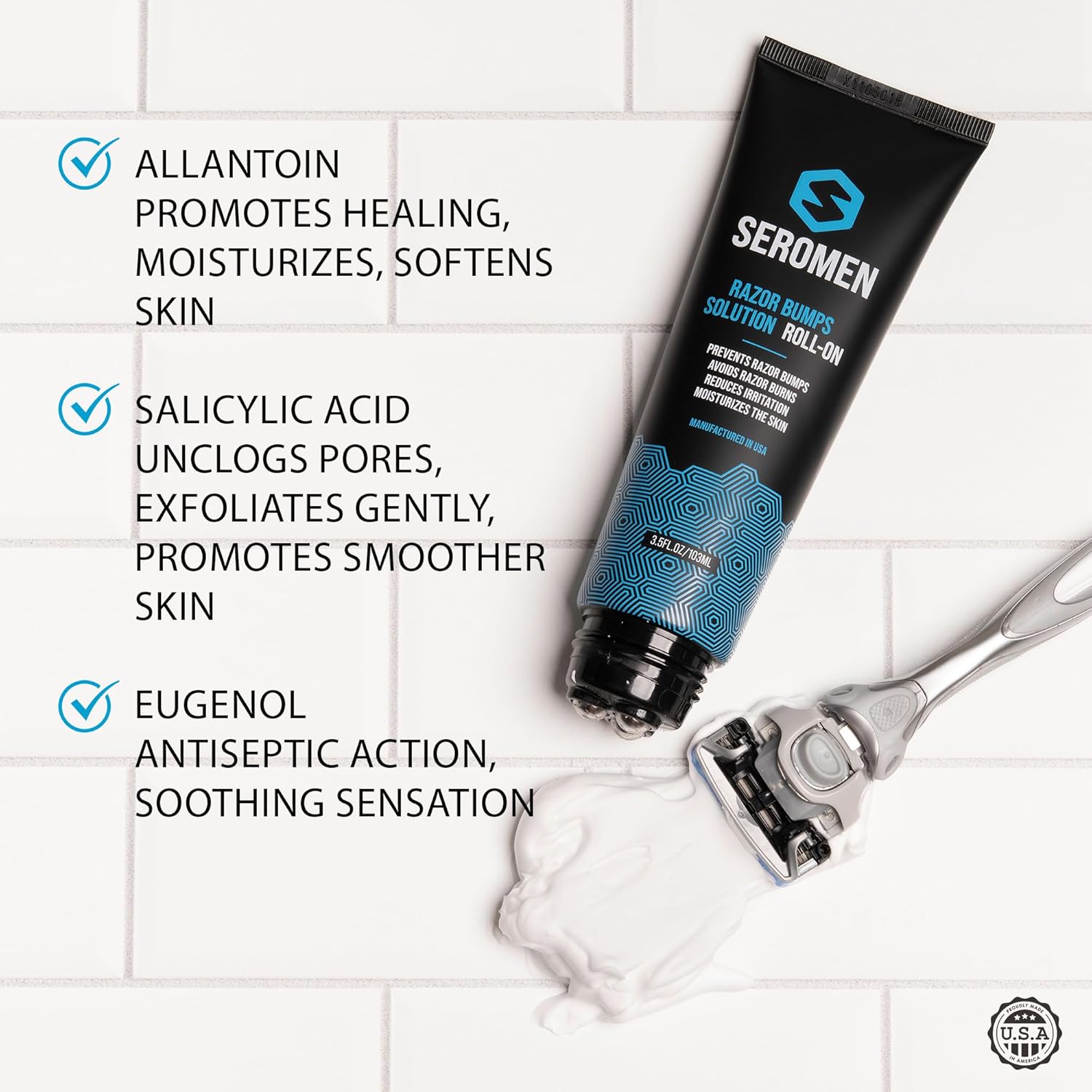 Seromen Razor Bump Treatment for Men – 3.5 fl oz Roll-On Serum for Face and Body Ingrown Hair and Razor Burn Solution, Soothes Skin, Calms Irritation, Made in USA - Image 3