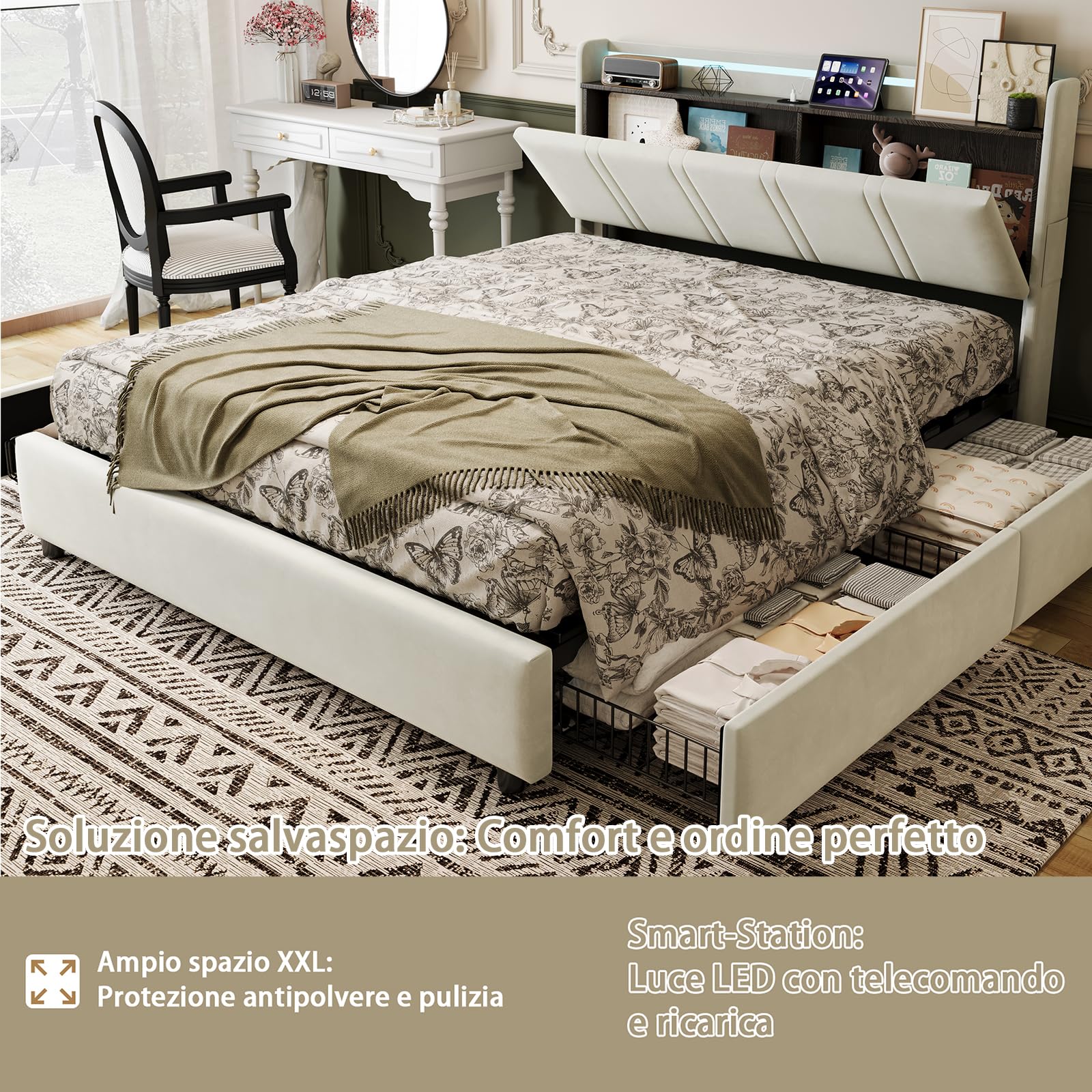 Camas Matrimoniales 160x200 con Tira LED y USB C, Cama Canape con 4 Cajones y Cabecero Almacenaje Multifuncional,Cama Tapizada en Terciopelo,Somier Madera,Marco metálico,Estable500kg,Beige