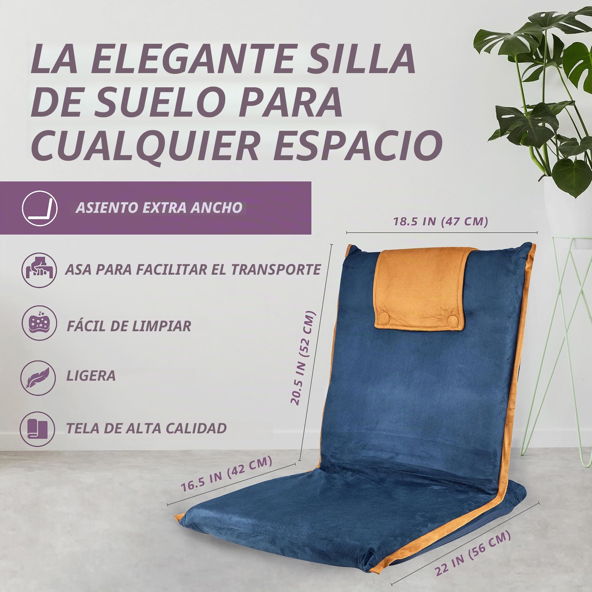 bonVIVO Silla Plegable de Suelo con Respaldo reclinable para meditación, Lectura, Gaming y Relax, cojín Suelo Acolchado portátil para hogar y Oficina, Azul y Beis